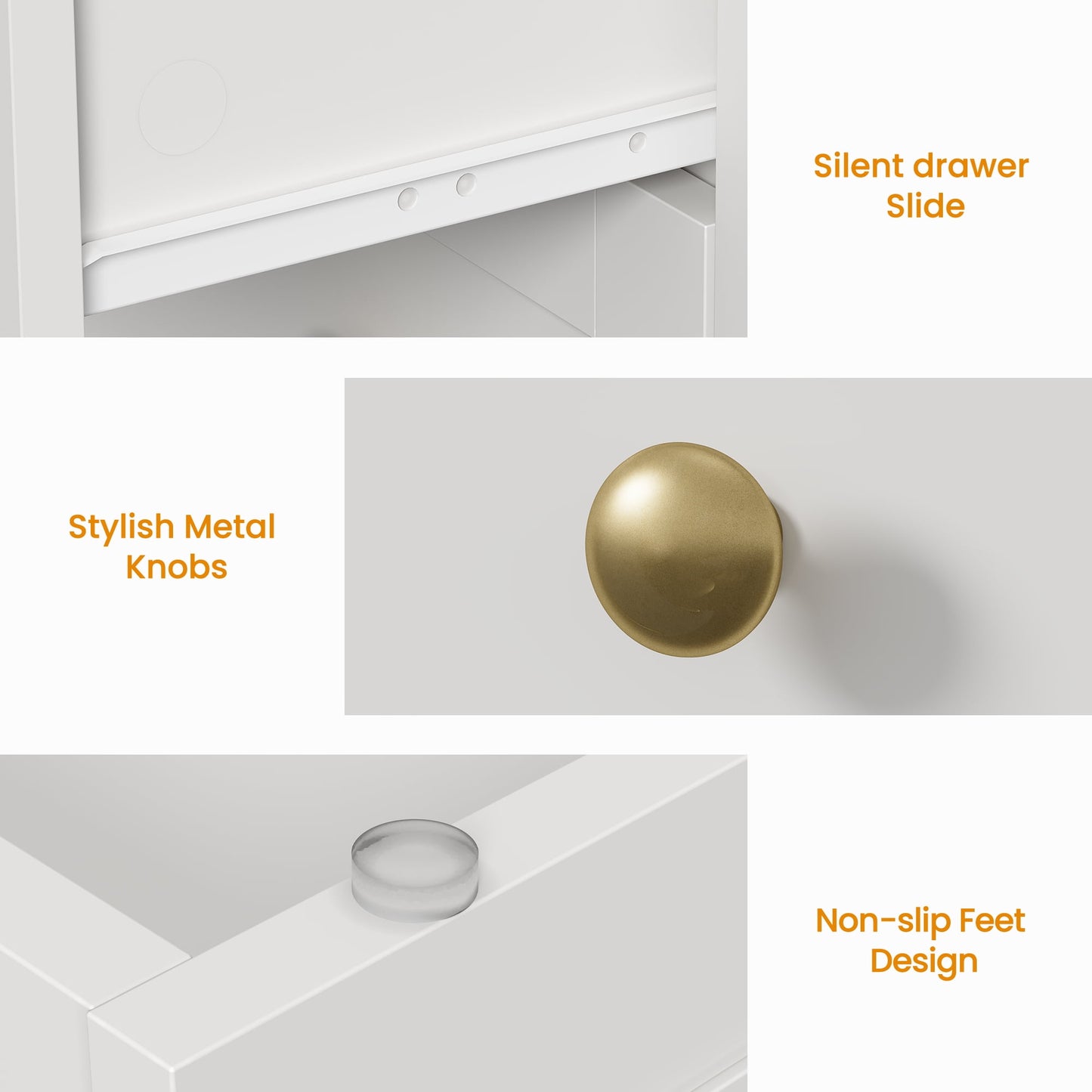 May in Color 3 Drawer Nightstand, Modern Wood End Table with Gold Knobs, White