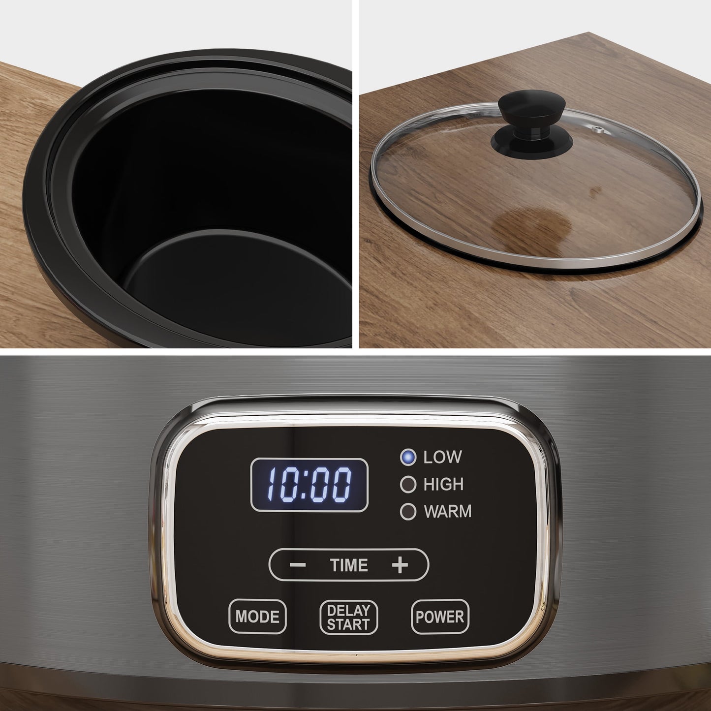 Heynemo Programmable 4 Quart Slow Cooker with Timer, Stainless Steel Pot with Locking Lid, 3 Temperature Modes & Ceramic Bowl, Silver