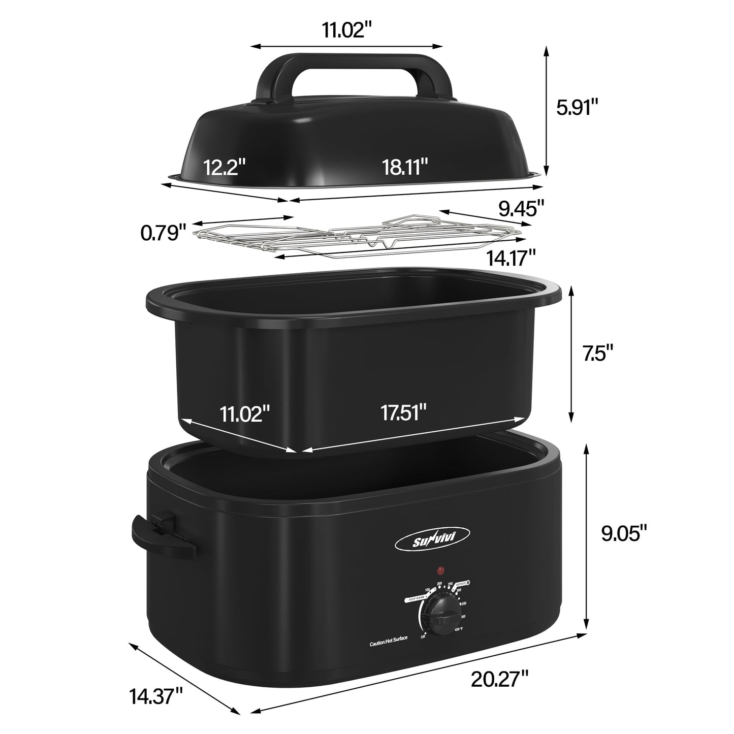 Sunvivi 22 Quart Electric Turkey Roaster Oven with Visible Glass Lid,Removable Pan & Rack, Stainless Steel, Black