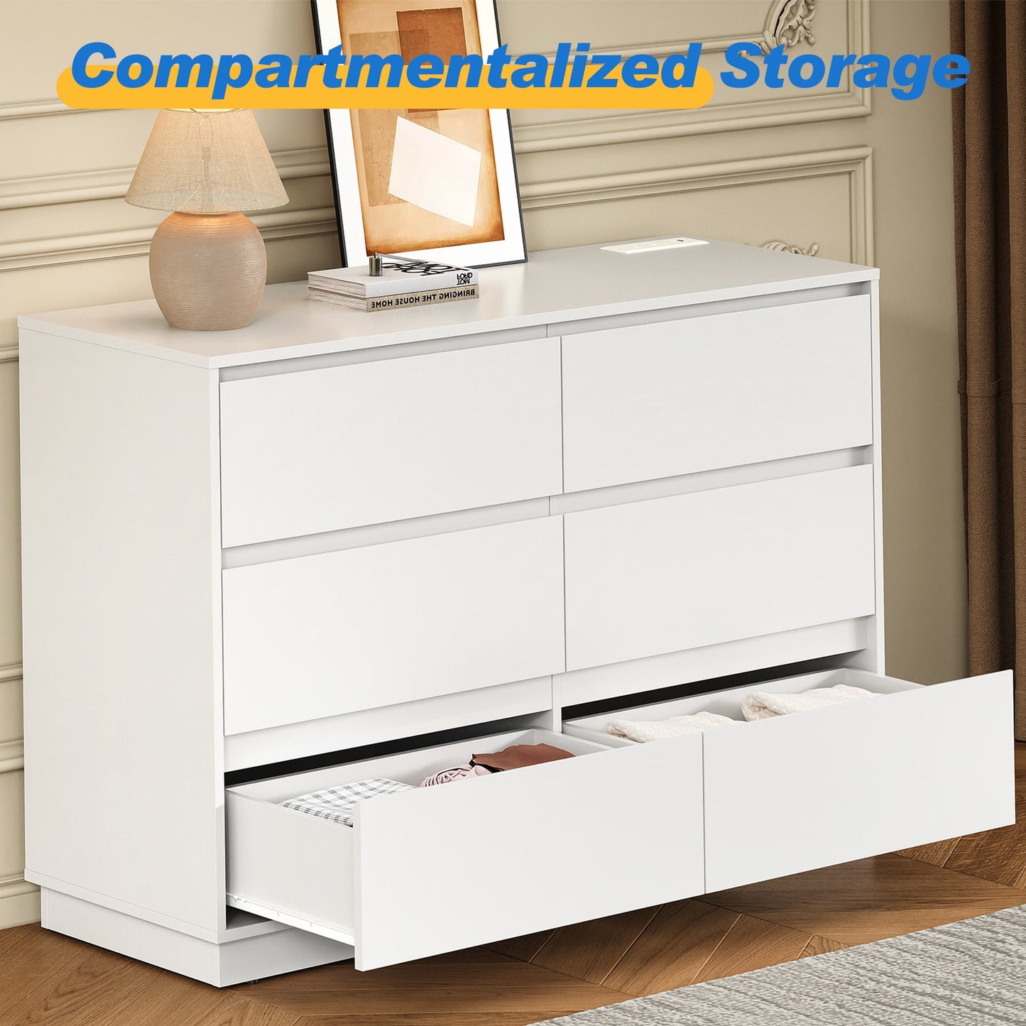 May in Color 6 Drawer Dresser with Charging Station for Bedroom, White