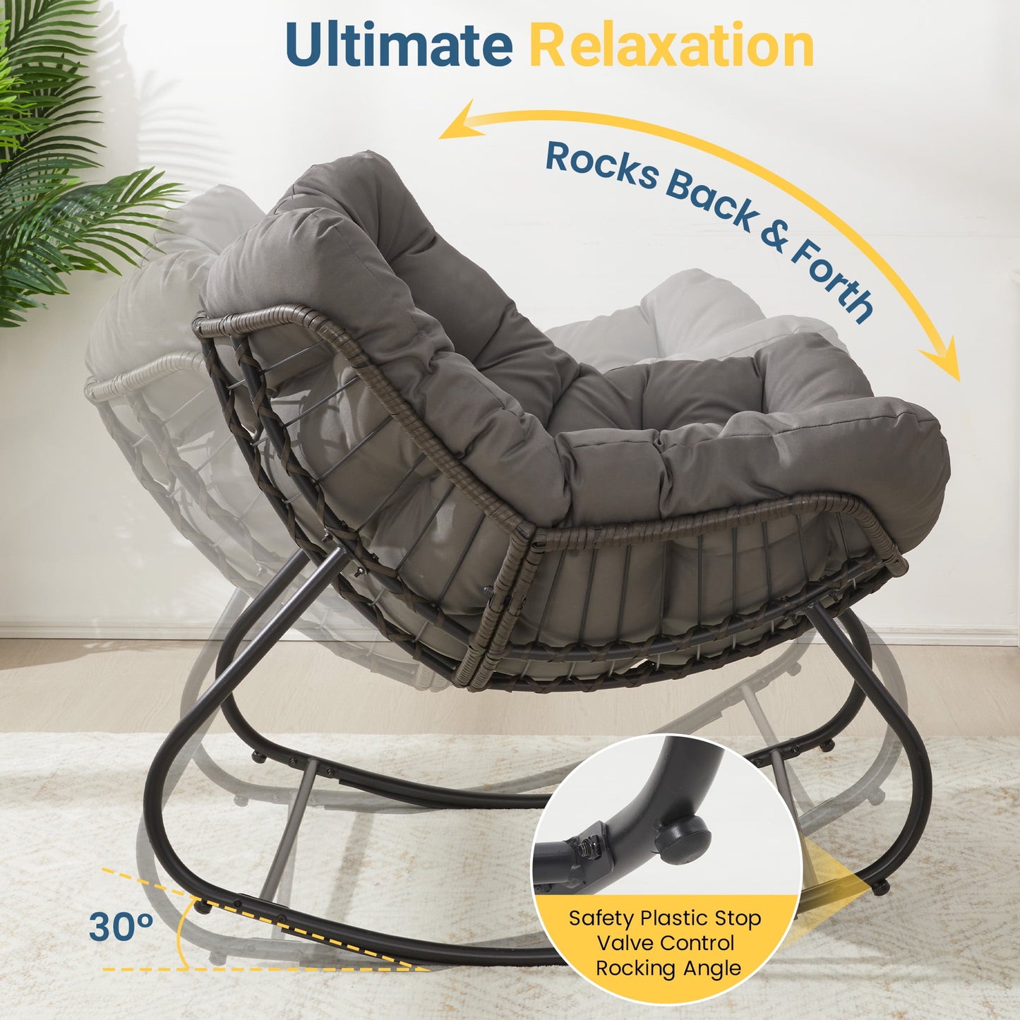 Heynem Patio Rocking Papasan Chair with Ottoman for Outdoor and Indoor, Outdoor Wicker Rocking Egg Chair with Cushion for Porch£¬Garden£¬Living Room