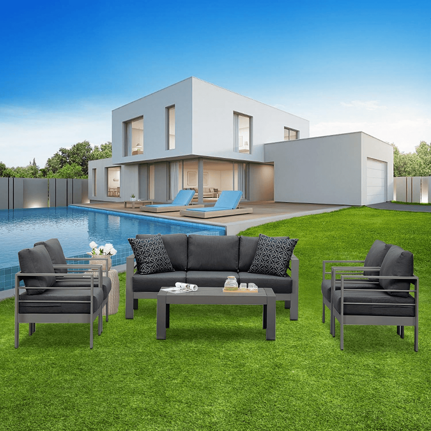 Heynemo 6 Pcs Patio Furniture Set Aluminum Conversation Set Outdoor Sofa with Coffee Table, White