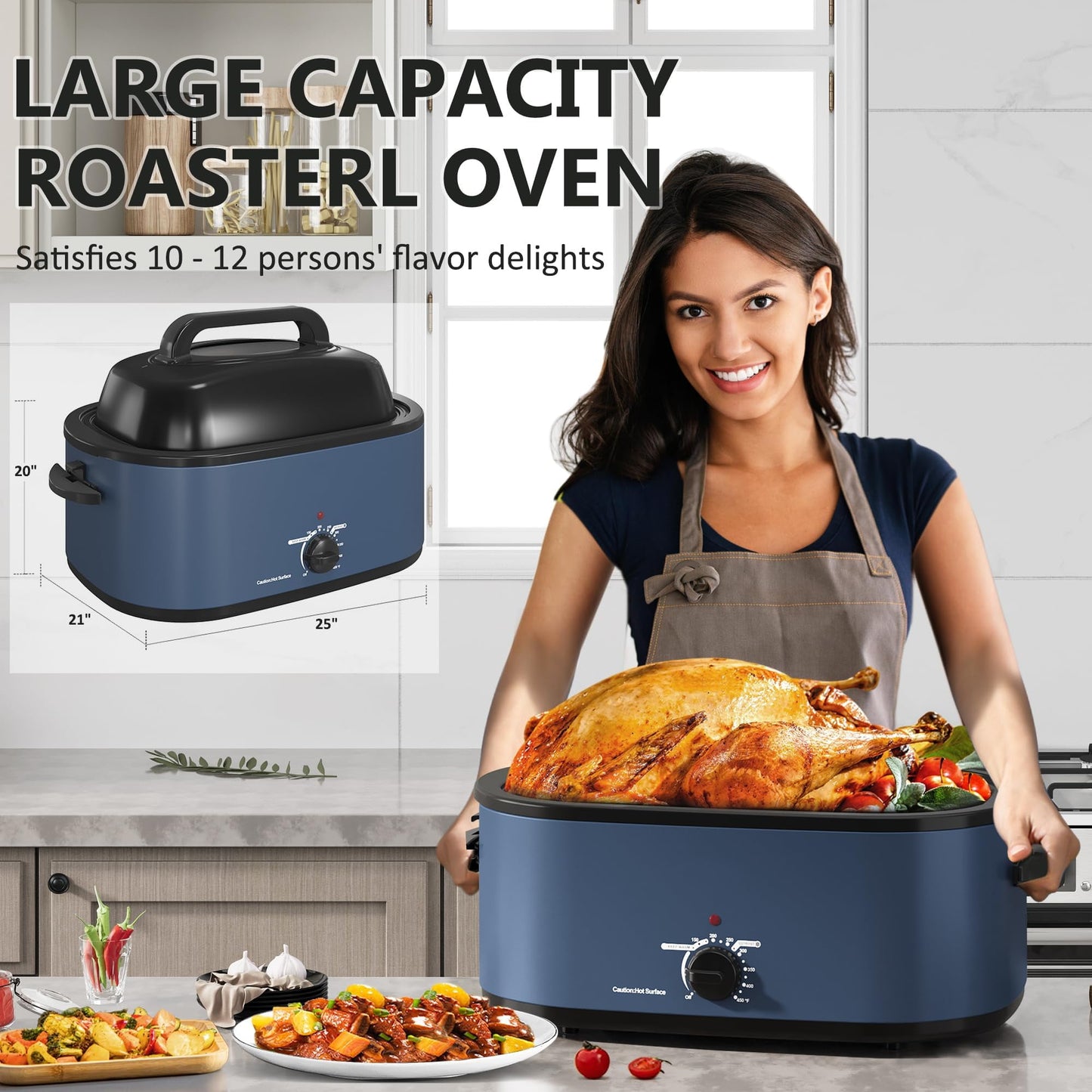RoyalCraft Roaster Oven 28 Quart, Electric Roaster Oven with Visible & Self-Basting Lid, Turkey Roaster Oven with Removable Pan & Rack, Variable Temperature Control, Stainless Steel, Blue