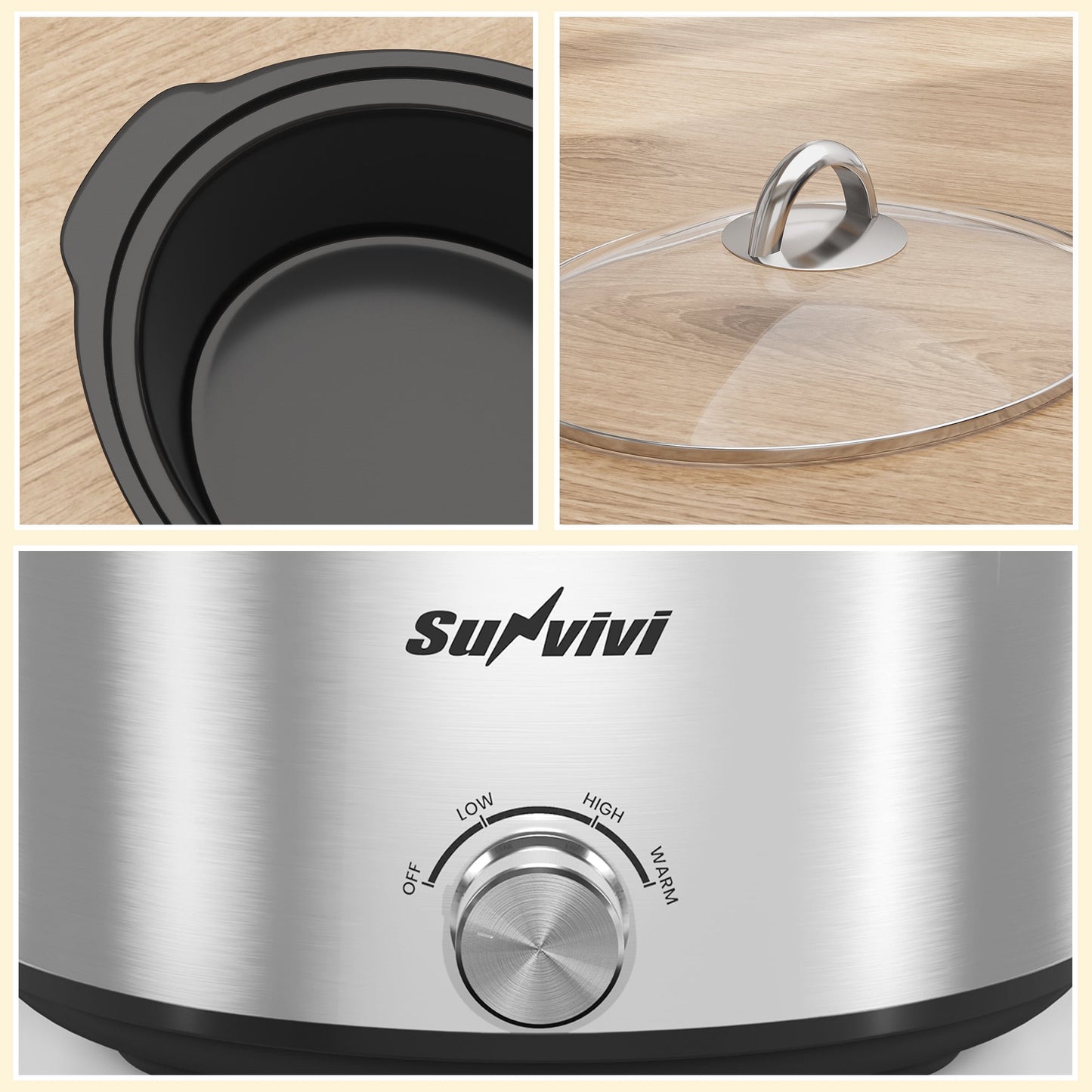 SUNVIVI Small Slow Cooker 4QT, Mini Food Warmer with 3 Heating Settings, Removable Ceramic Pot, Dishwasher Safe Glass Lid, Stainless Steel