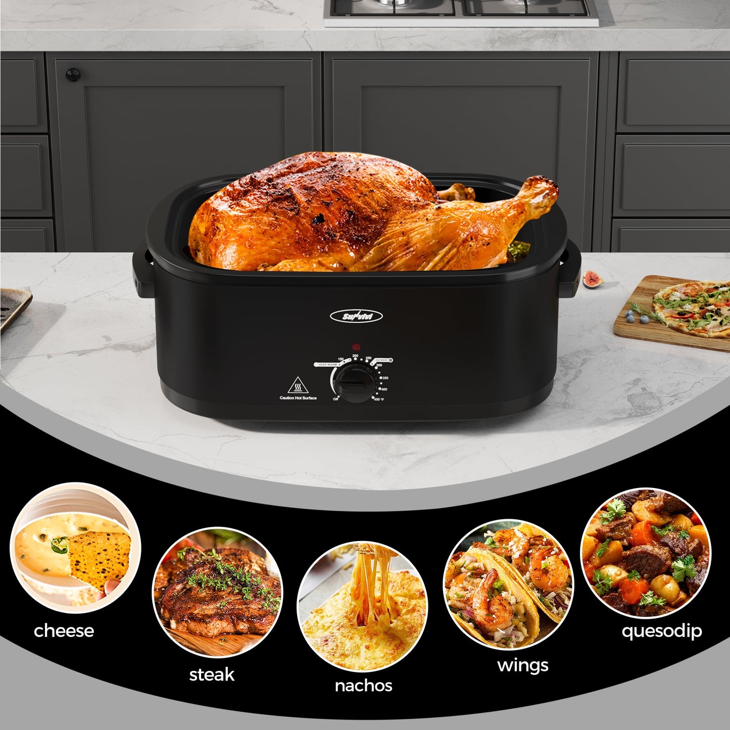 Sunvivi Roaster Oven with Self-Basting Lid, 18qt Electric Roaster with Removable Pan & Rack, Turkey Roaster Oven with Defrost & Warm Function, Stainless Steel, Black-1