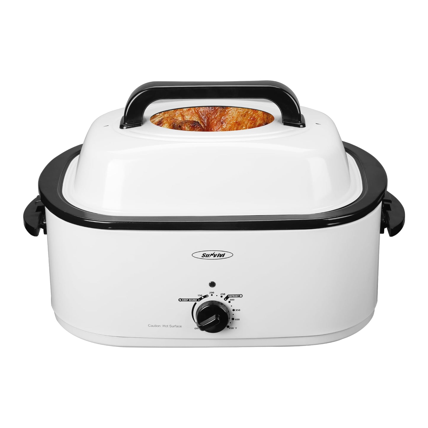 RoyalCraft 22 Quart Electric Roaster Oven with Visible & Self-Basting Lid, Stainless Steel, White