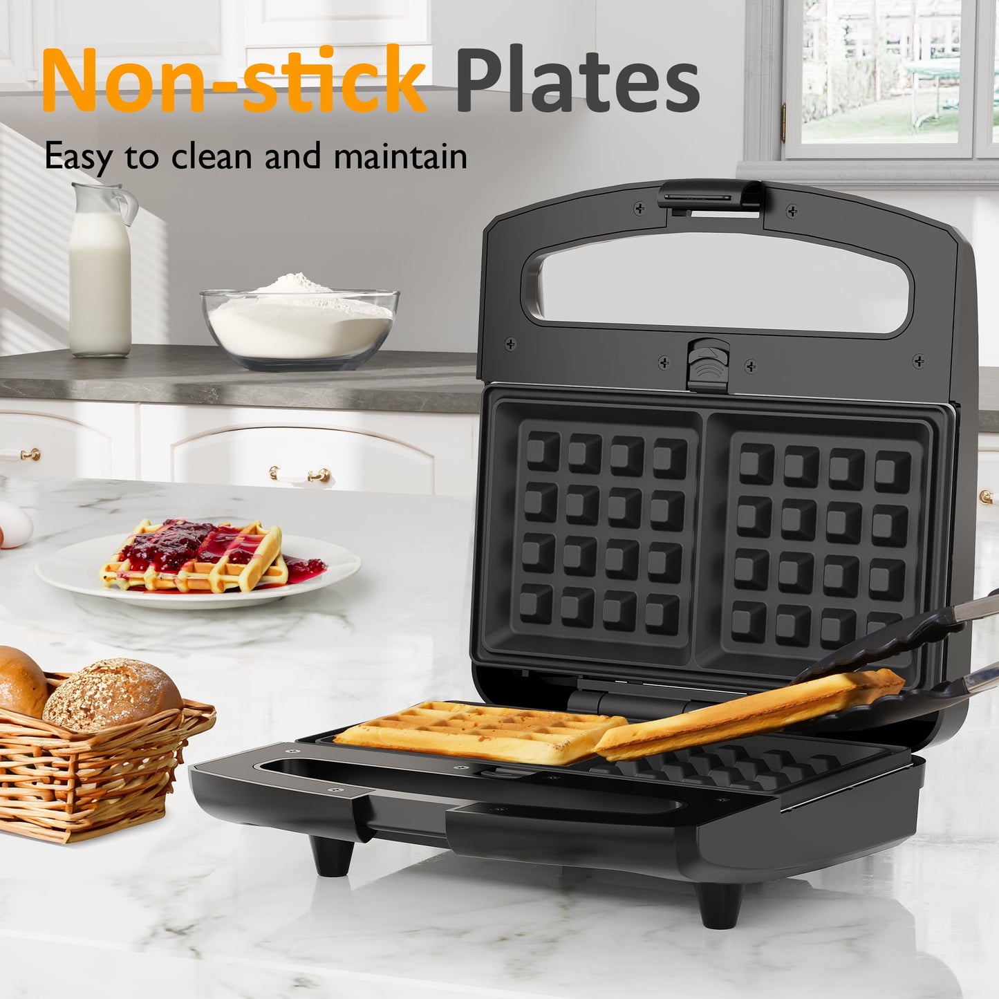 Heynemo Versatile 3-in-1 Waffle Maker & Panini Press, 800W Electric Sandwich Maker with Removable Non-Stick Plates, Tempered Glass Lid, Cool Touch Handle & Easy Cleanup