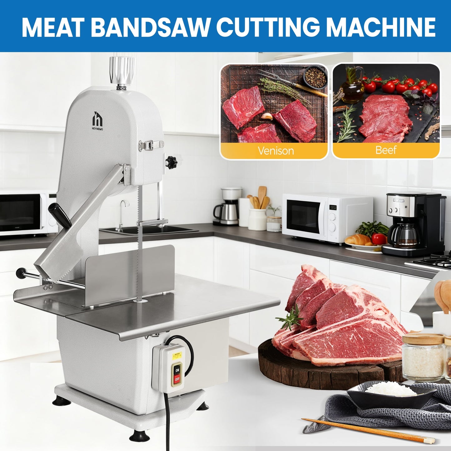 Heynemo Electric Bone Saw, 1500W Meat Cutting Bandsaw with 0.16-7.9" Thickness Range, 5 Blades for Beef, Pork, Fish