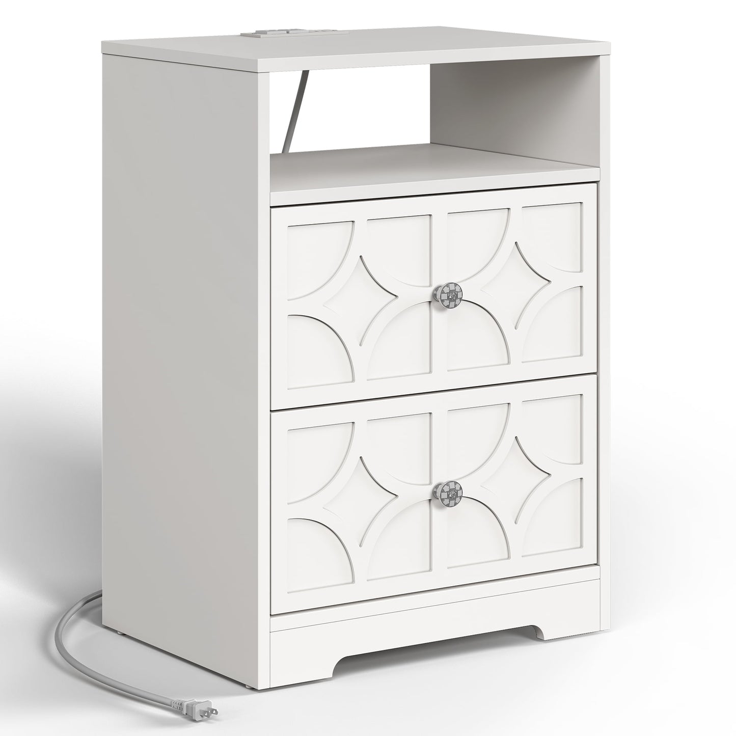 May in Color Large Nightstand with 2 Drawers, Modern Side Table with Charging Station and Diamond Carvings, Accent End Table for Living Room, Bedroom, Entryway, White