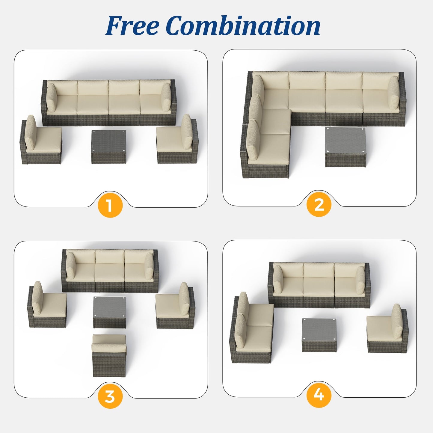 RoyalCraft 7-Piece Modular Patio Furniture Set, Wicker Outdoor Sectional Sofa with Cushions and Coffee Table, All Weather Patio Conversation Sets for Porch Balcony Backyard, Beige