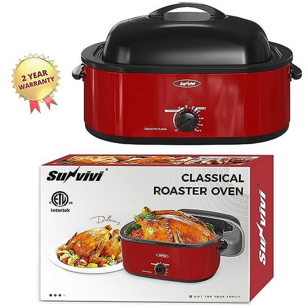 SUNVIVI 18 Quart Turkey Electric Roaster Oven with Self-Basting Lid, Stainless Steel, Red