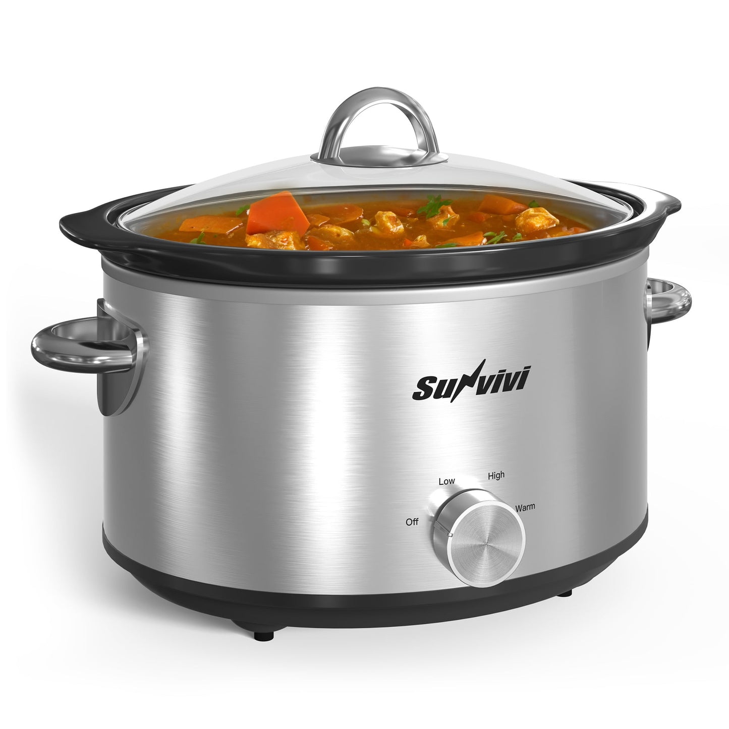 Sunvivi 4QT Compact Slow Cooker & Food Warmer, 3 Temperature Settings - Removable Ceramic Pot, Silver