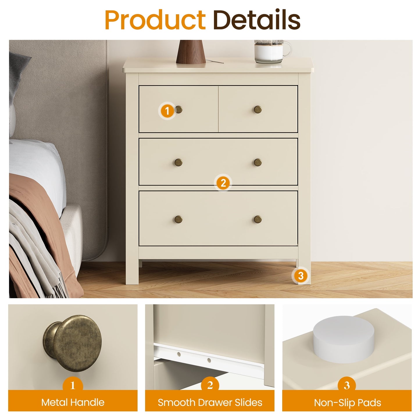 May in Color Beige 3 Drawer Dresser, 27" Tall Nightstand Organizer, Wood Chest of Drawers with Storage, for Bedroom, Living Room, Entryway