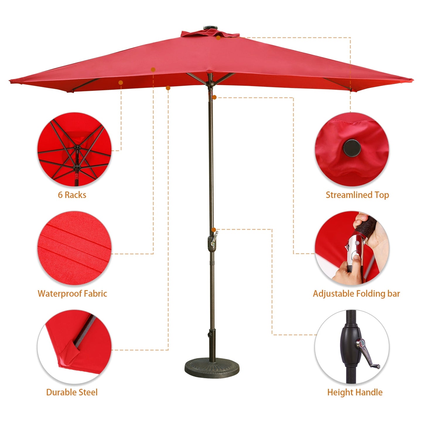 Heynemo Rectangular Patio Umbrella 10' x 6.5' with Hand Crank, Outdoor Market Umbrella with Waterproof Cover for Garden, backyard and Deck, Red