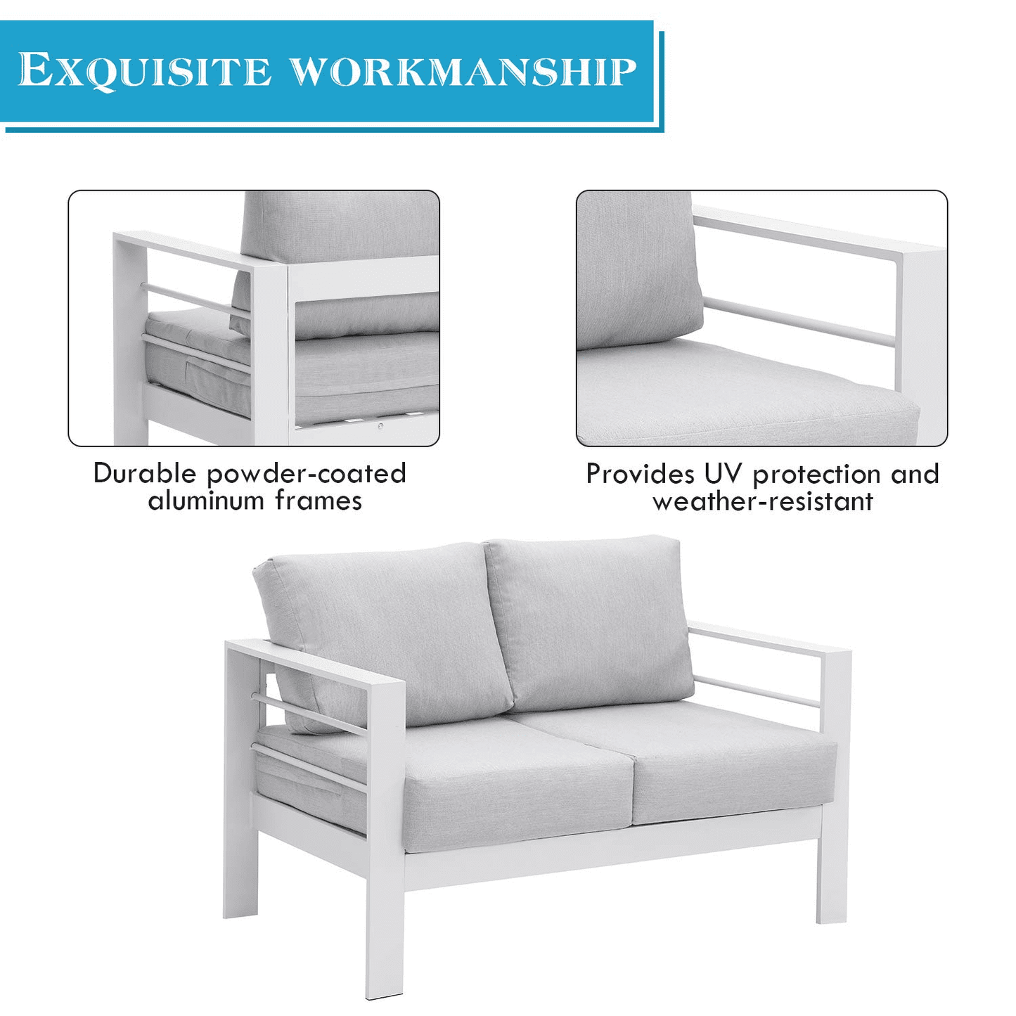 Heynemo 4 Pcs 7 Seats Outdoor Furniture Sofa Set Aluminum Patio Conversation Set With Coffee Table and 5 Inches Cushions, White