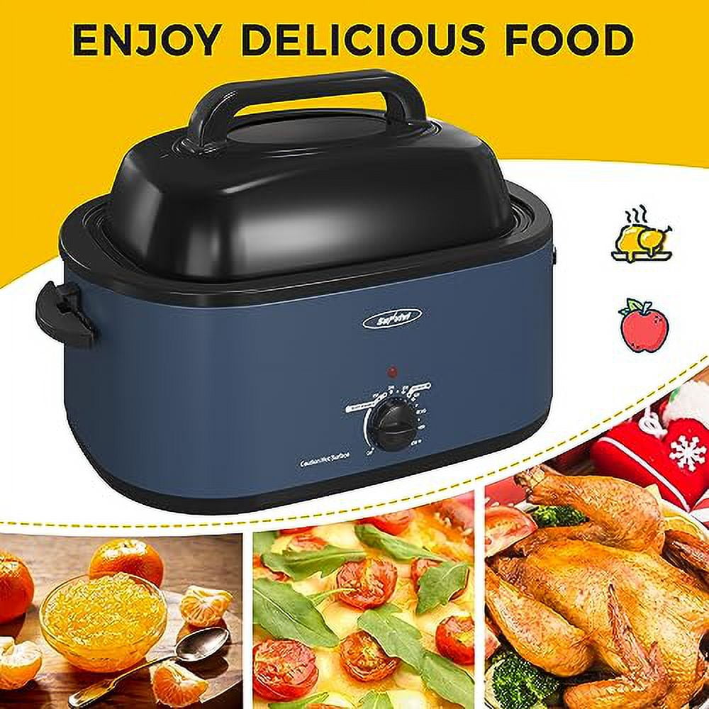 Sunvivi 26 Quart Electric Turkey Roaster Oven with Visible Glass Lid,Removable Pan & Rack, Stainless Steel,Blue