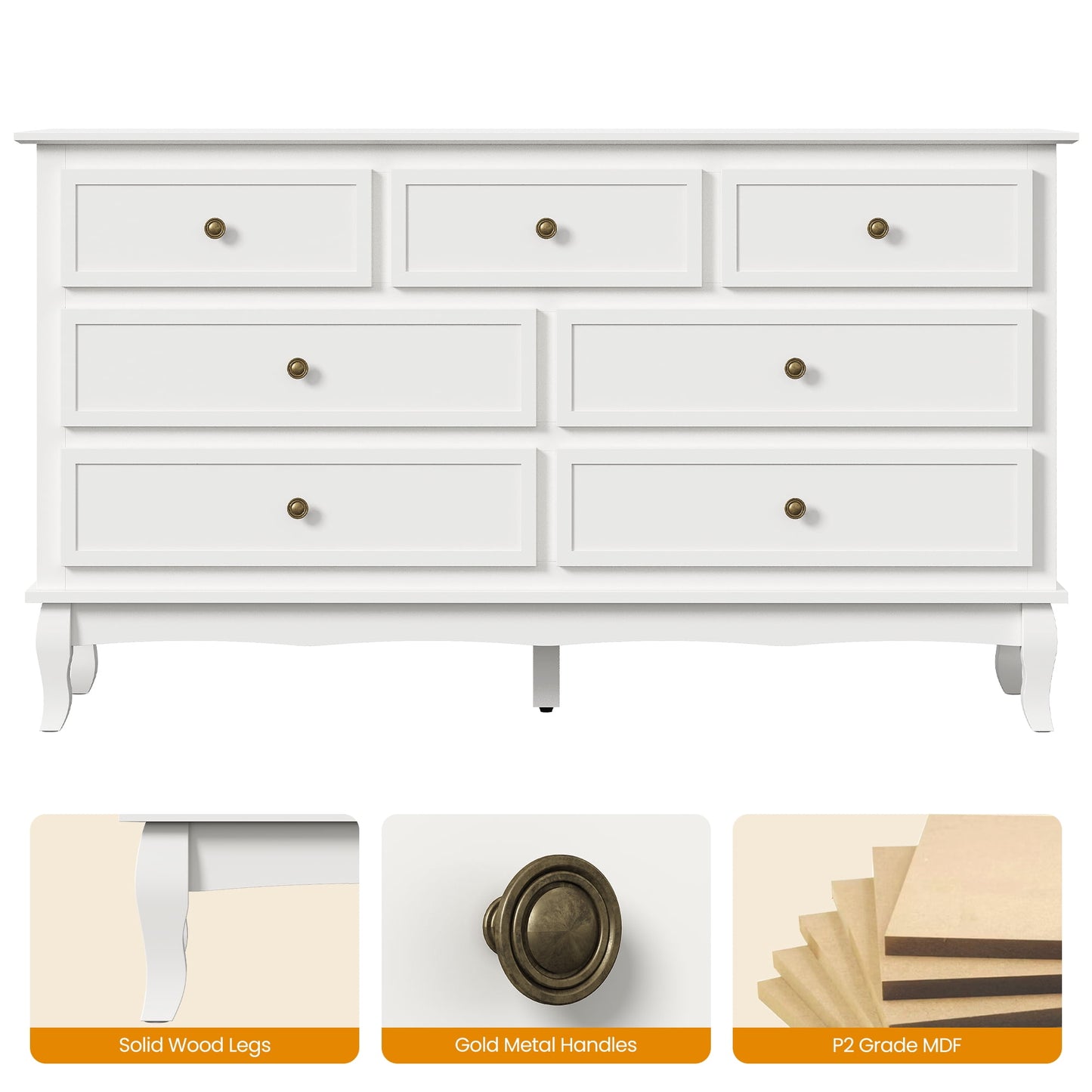 Heynemo Sideboard Buffet Cabinet with 7 Drawers, Set of 2, Modern Wide Credenza Cabinet with Rubberwood Legs & Painted Finish, Wooden Storage Closet Cabinet Organizer for Living Room, Hallway, White