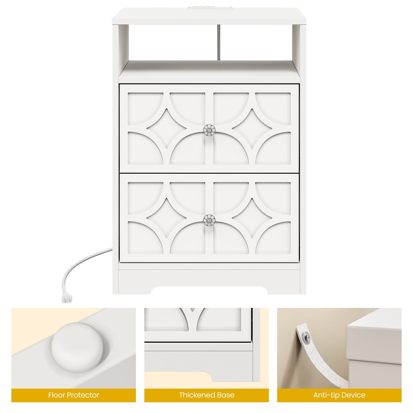 May in Color Large Nightstand with 2 Drawers, Modern Side Table with Charging Station and Diamond Carvings, Accent End Table for Living Room, Bedroom, Entryway, White