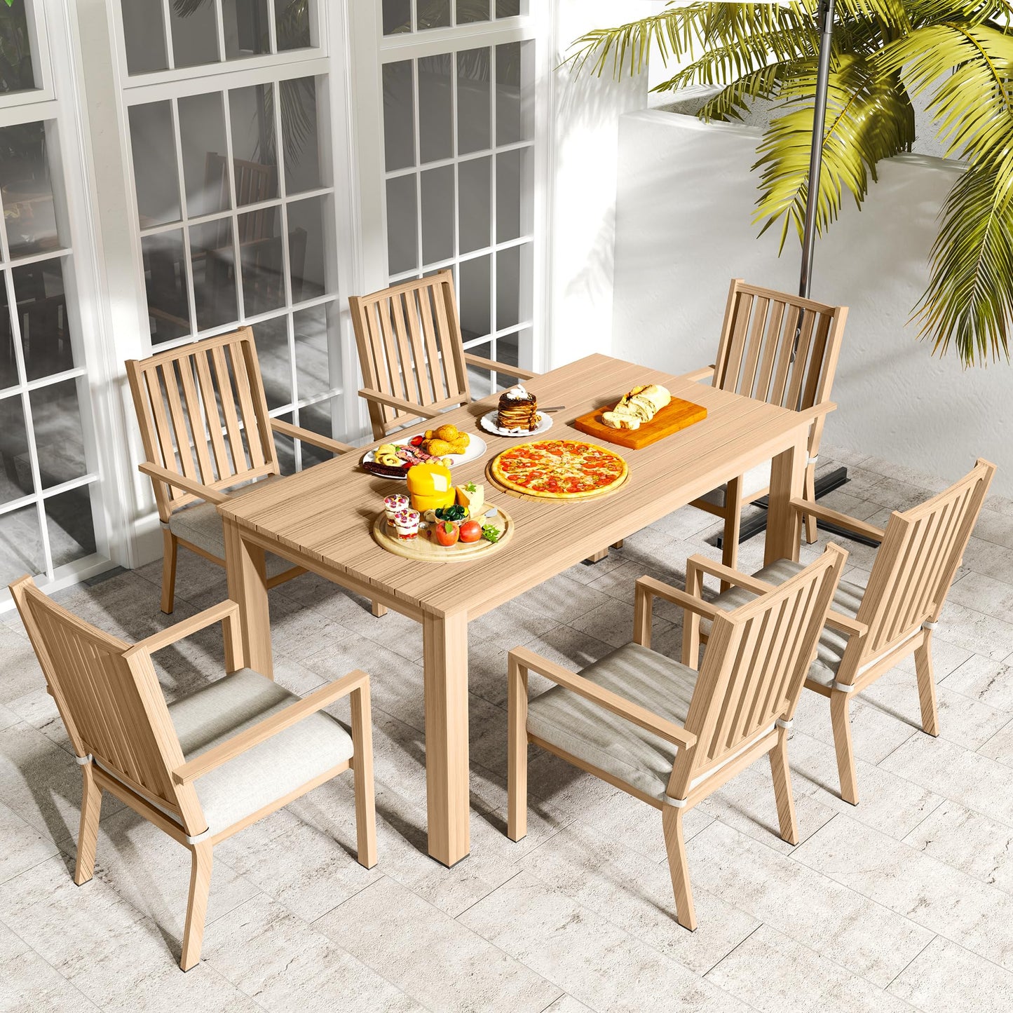 May in Color Aluminum 7 Pieces Patio Dining Sets, Outdoor Dining Table with 6 Chairs, Outdoor Patio Dining Furniture Set with Removable Cushion for Lawn, Garden, Backyard, Brown