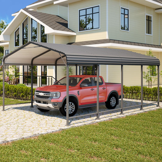 CozyHome 12x20 FT Metal Carport, Heavy Duty Canopy with Updated Roof & Enhanced Base, Multi-Use Carport Garage for Car, Truck, Boat, Tractors, Party, Grey