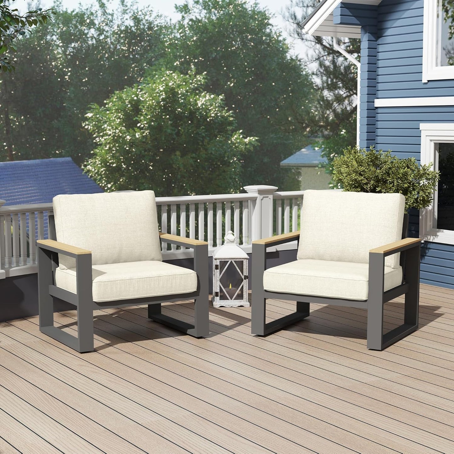 May in Color Aluminum Outdoor Armchair, 2 Pieces All-Weather Metal Patio Single Sofa, Patio Conversation Set for Porch Backyard Garden, Beige