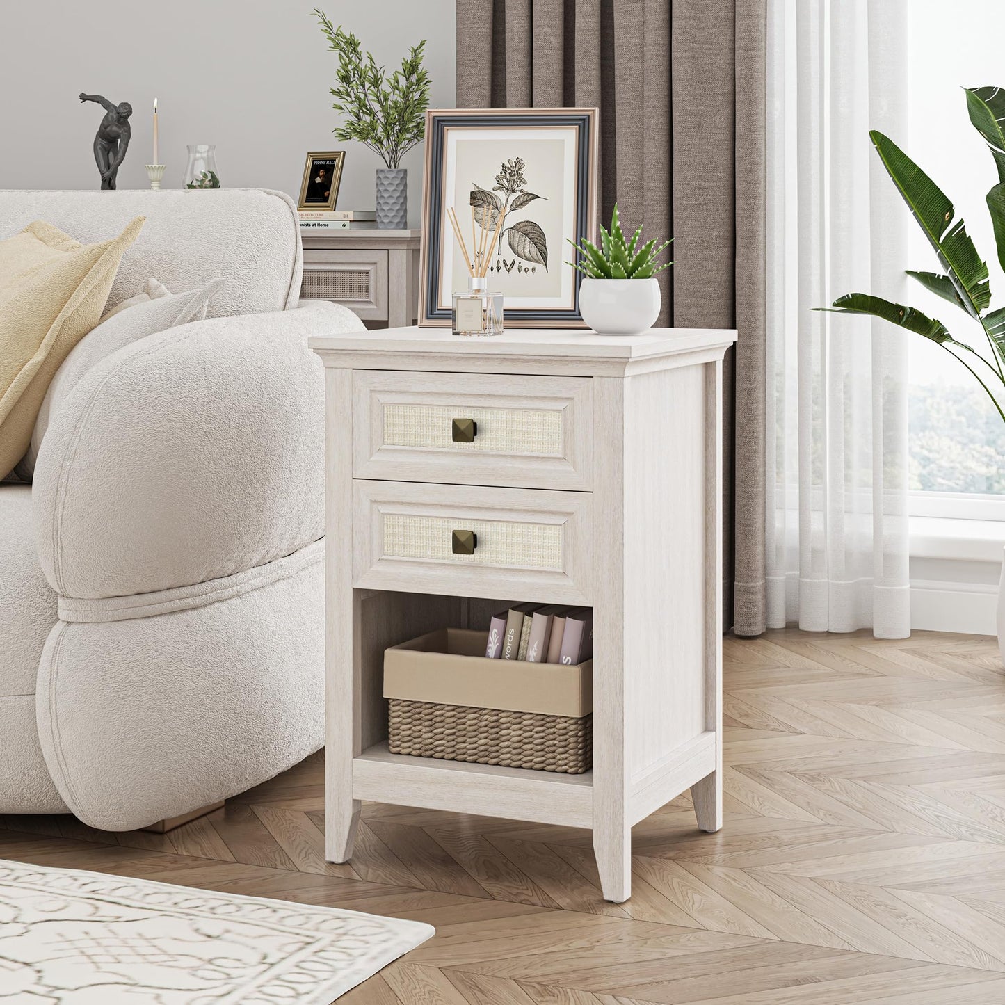 May in Color Boho Rattan Wood Accent Nightstand with Drawer, 27" Tall End Table with Storage Shelf, Grayish White Bedside Table, Chairside Couch Coffee Table