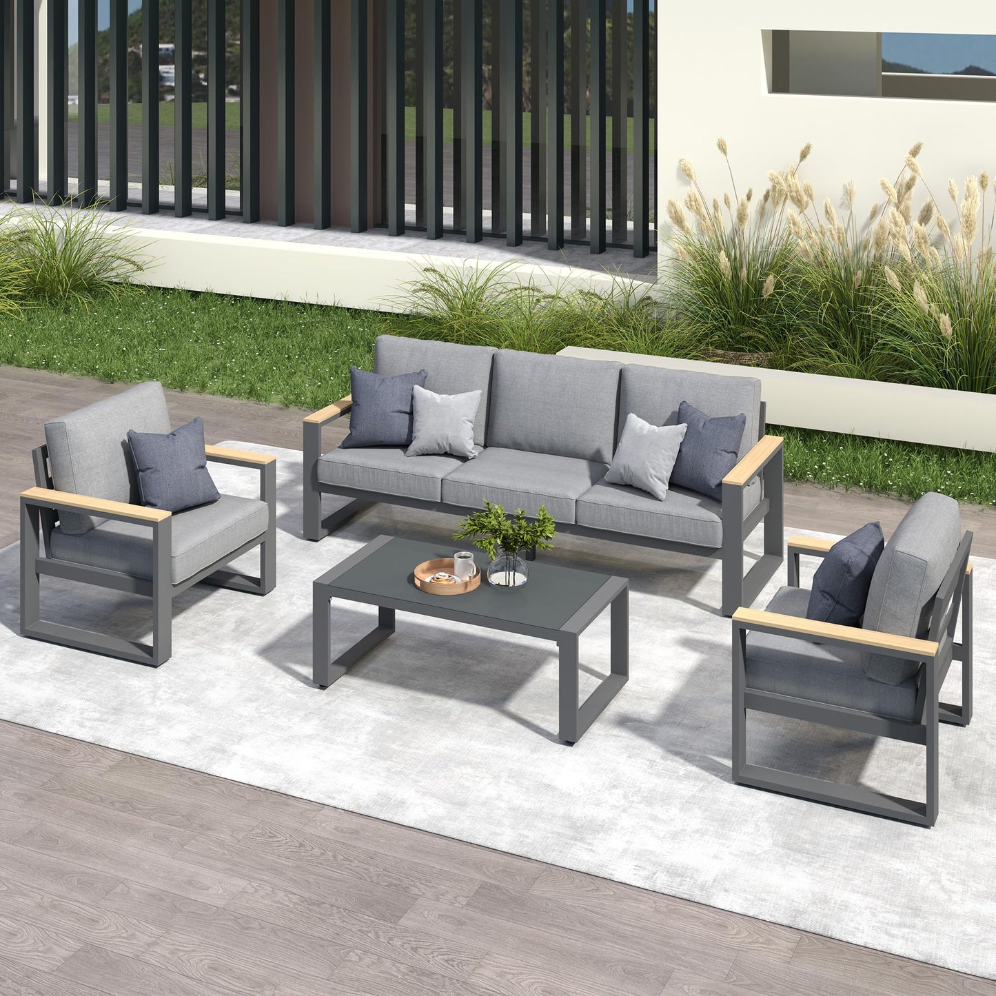 Aluminum Outdoor Patio Furniture Set with Height-adjustable Footrest for Lawn Porches Patio, 5-Seats All-weather Patio Sofa Sets with Coffee Table, Modern Outdoor Patio Conversation set, Grey