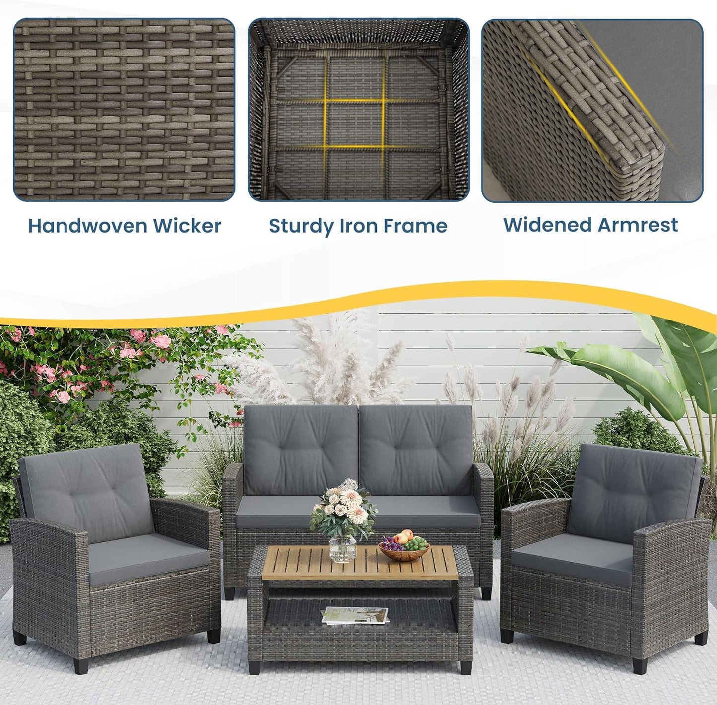 Royalcraft 4-Piece Wicker Patio Conversation Sets with Coffee Table, All Weather Patio Furniture Set with High Backrest, Outdoor Sectional Sofa Couch for Porch Balcony Backyard Deck, Grey