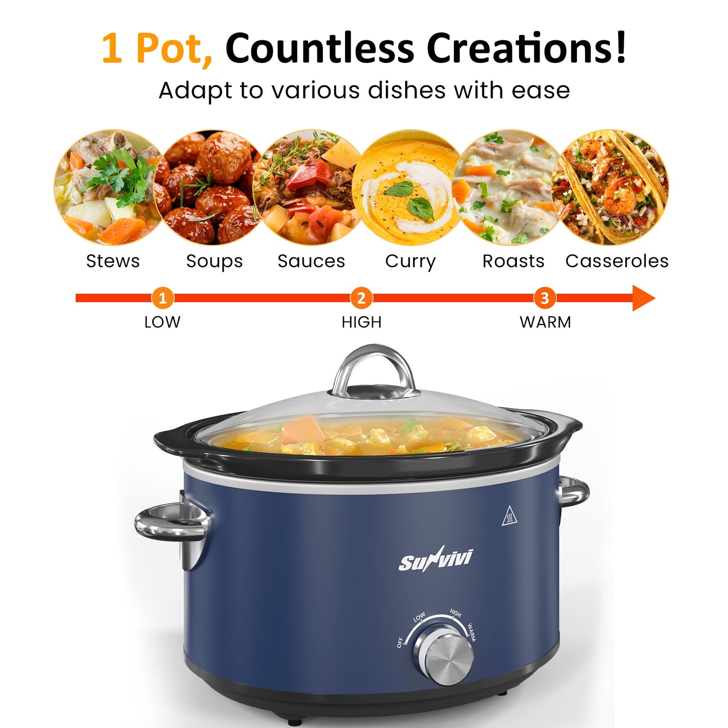 Heynemo 4QT Compact Slow Cooker & Food Warmer with 3 Temperature Settings, Removable Ceramic Pot, Dishwasher-Safe Glass Lid, Stainless Steel - Blue