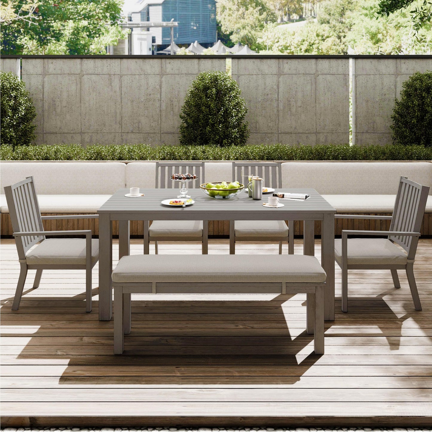 May in Color Aluminum 6 Pieces Patio Dining Sets, Outdoor Dining Table with 4 Chairs and Bench, Outdoor Patio Dining Furniture Set with Removable Cushion for Lawn, Garden, Backyard, Gray