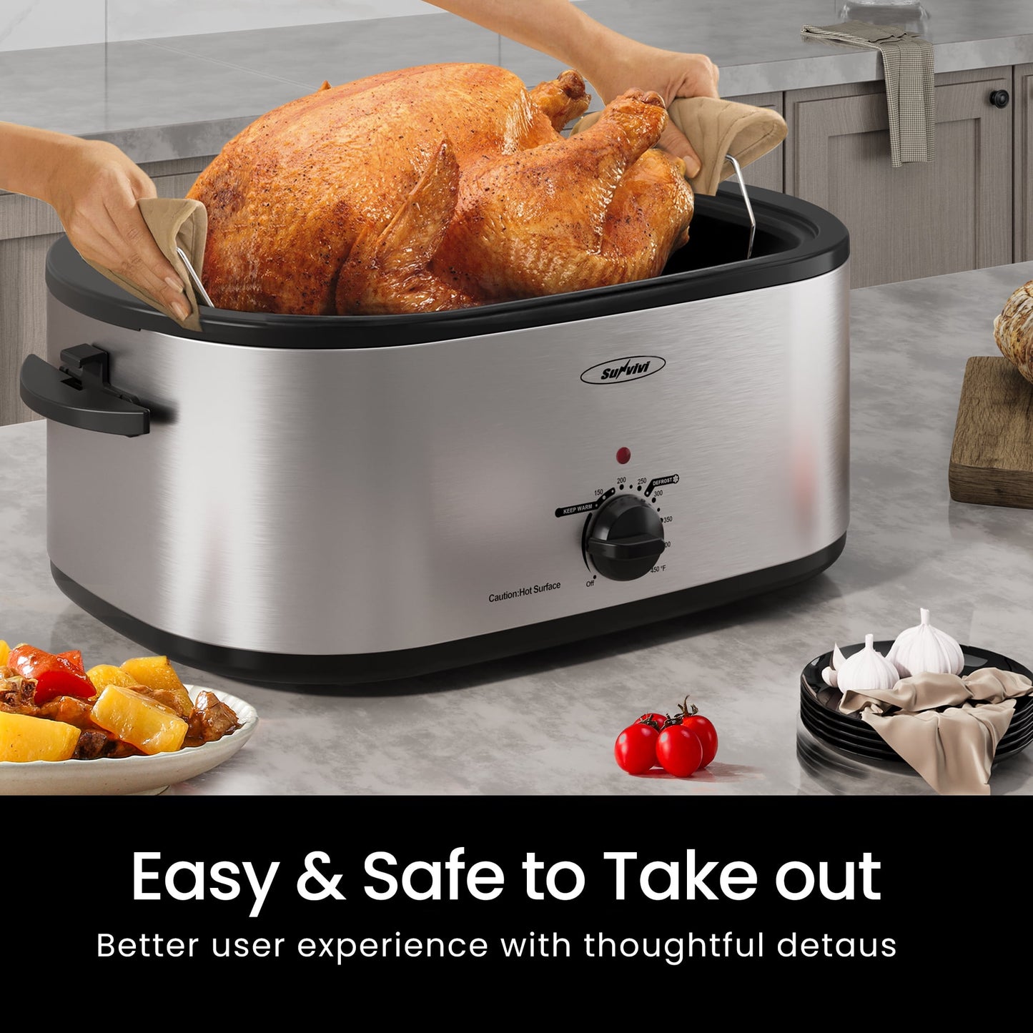 Sunvivi Roaster Oven with Self-Basting Lid, 24qt Electric Roaster with Removable Pan & Rack, Turkey Roaster Oven with Defrost & Warm Function, Stainless Steel, Silver-2