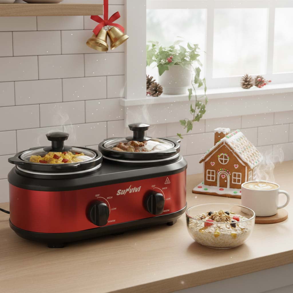 Sunvivi Double Slow Cooker,2 Pot Small Mini Crock Buffet Servers and Warmer,Dual Pot Oval Manual Slow Cooker with Adjustable Temp Removable Ceramic Pot,Stainless Steel, Total 2.5 Quarts Red