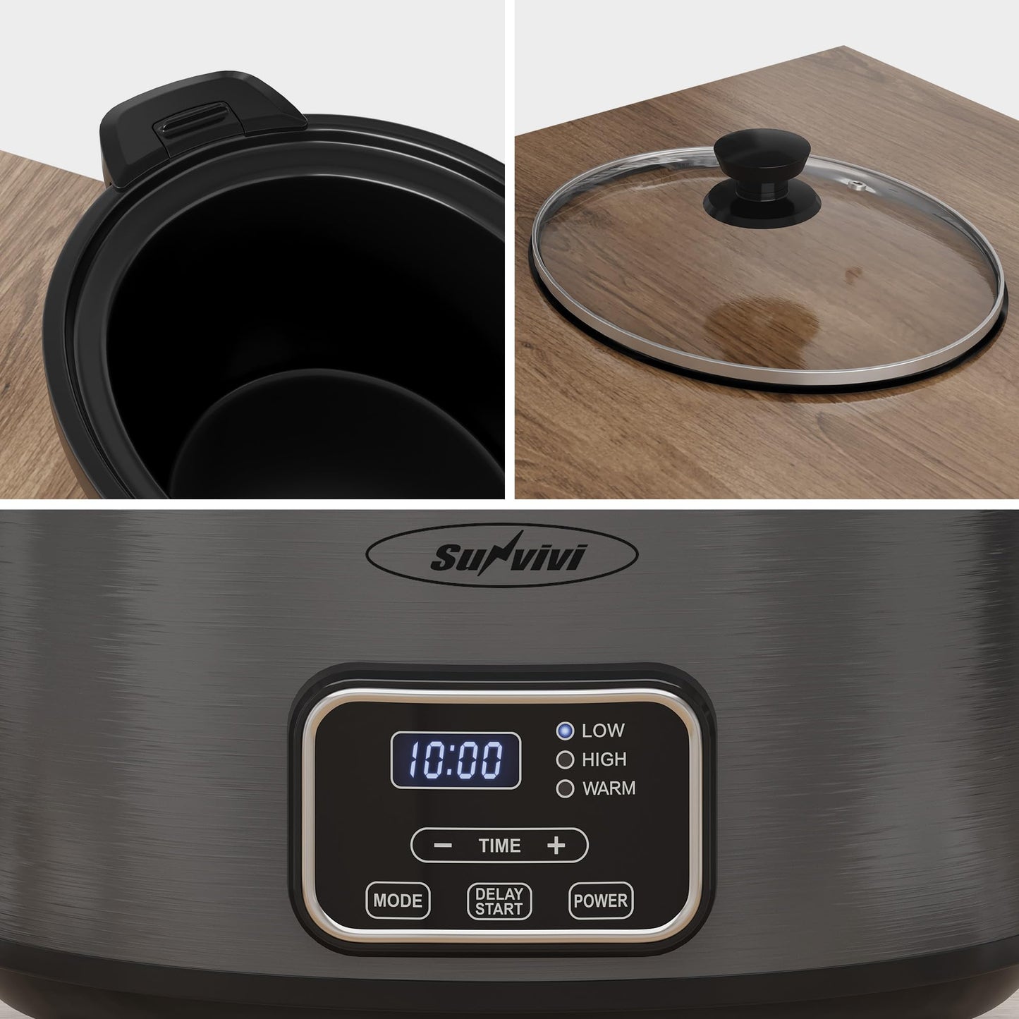 Sunvivi 4QT Slow Cooker, Programmable Pot with Locking Lid, Removable Ceramic Pot, 3 Heating Settings & Time Control,Dishwasher-safe Lid & Pot, Grey