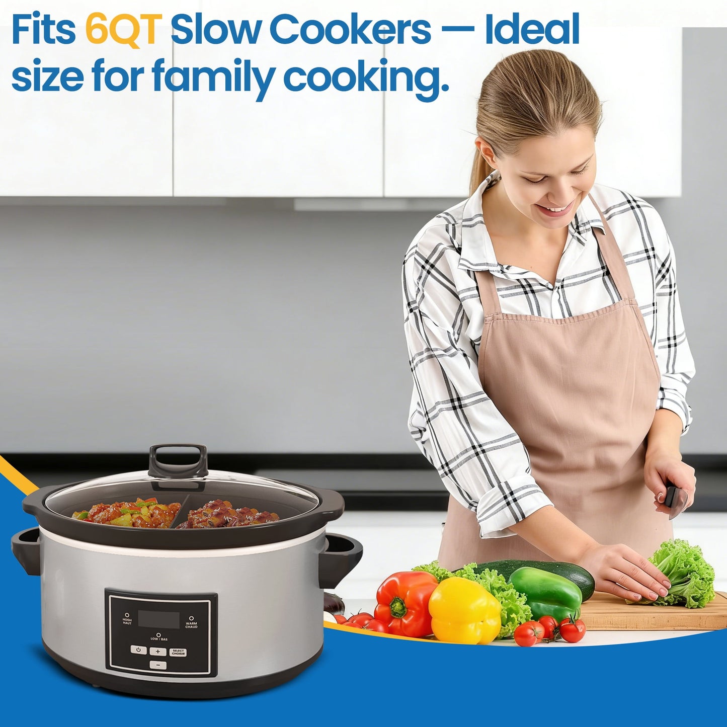 Sunvivi 2-in-1 Silicone Slow Cooker Liners, Reusable Divider Insert for 6QT Crock Pot, Bpa Free, Dishwasher Safe, Grey