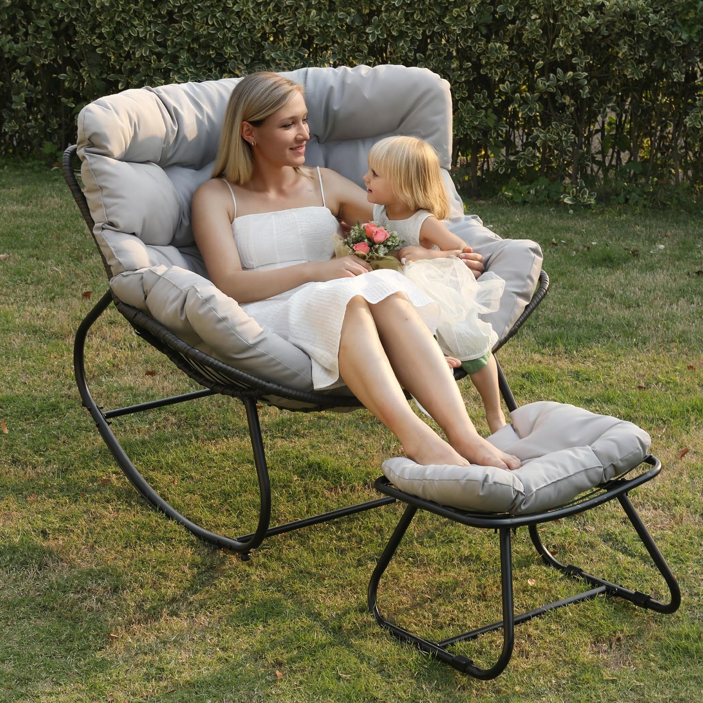 RoyalCraft Patio Rocking Chair with Ottoman, Outdoor Indoor Rocking Egg Chair with Cushions, Metal Lounge Chair Oversized Papasan Chair, Outdoor Wicker Reading Chair for Porch Garden, Dark Grey
