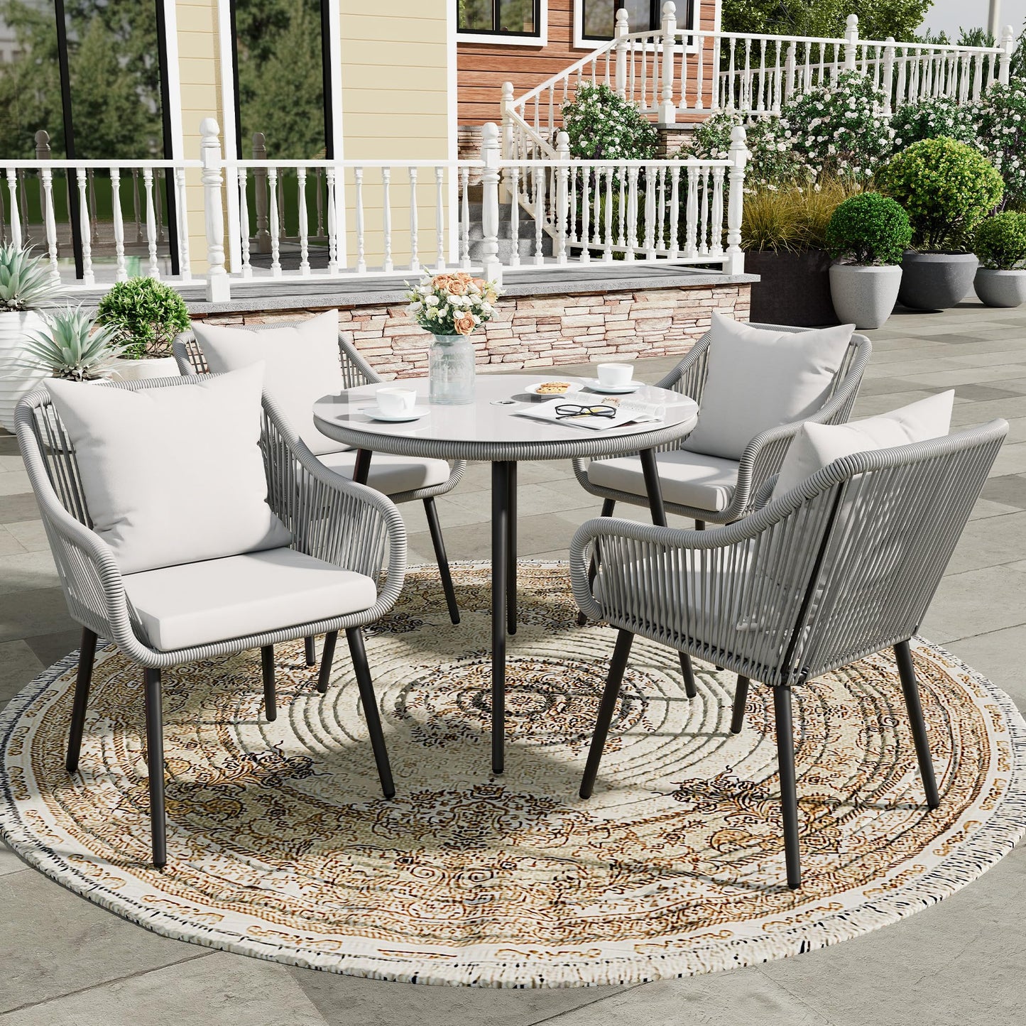 RoyalCraft 5-Piece Patio Dining Table Set, All Weather Twisted Rattan Furniture Set with Cushions, Outdoor Dining Table Chair Set with Umbrella Hole, Ideal for Backyard Balcony Deck Garden, Grey