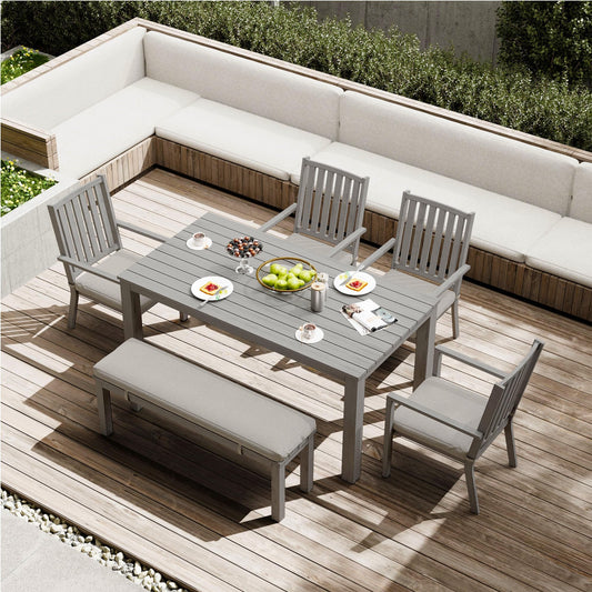 May in Color Aluminum 3 Pieces Patio Dining Sets, Outdoor Dining Table with 2 Benches, Outdoor Patio Dining Furniture Set with Removable Cushion for Lawn, Garden, Backyard, Brown