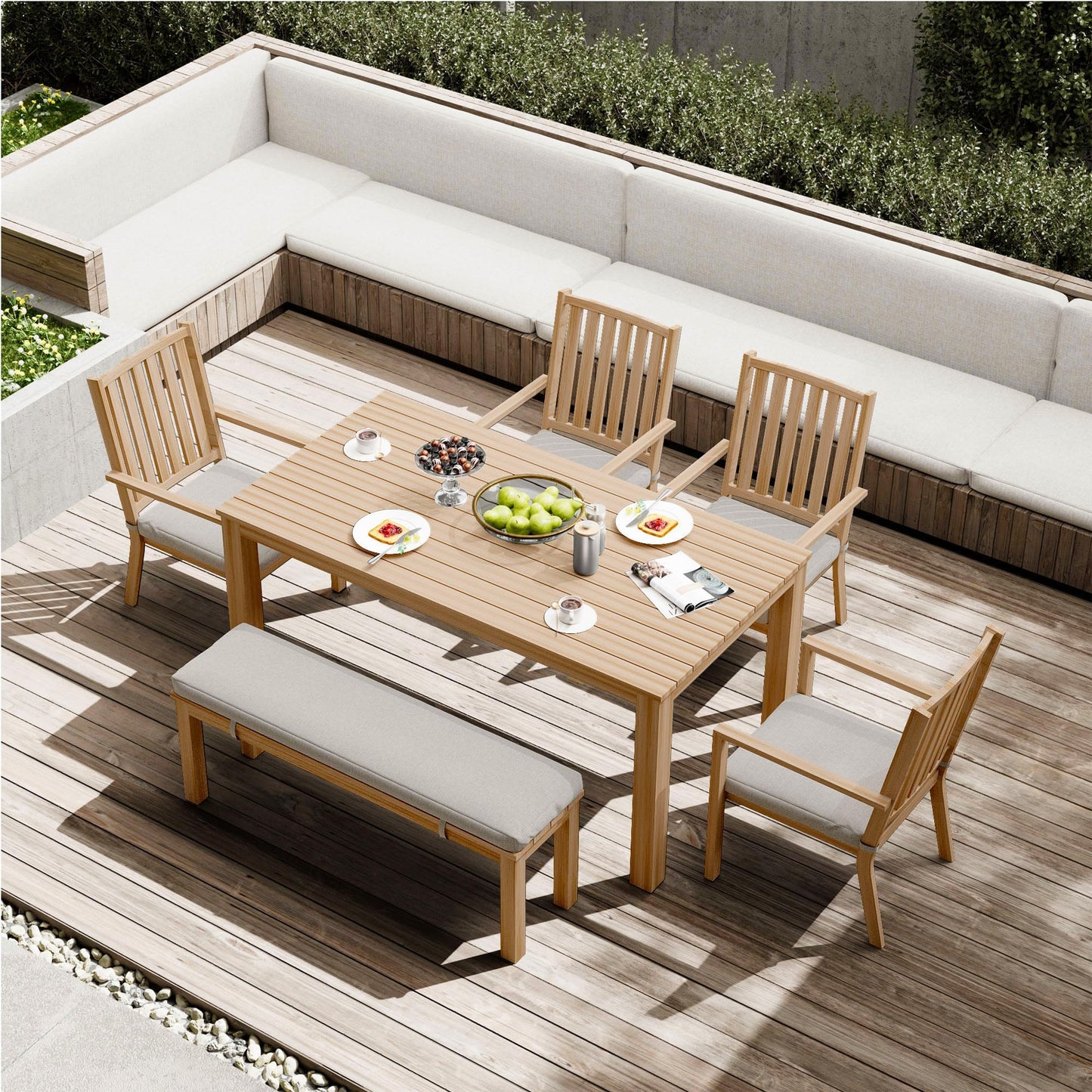 May in Color Aluminum 6 Pieces Patio Dining Sets, Outdoor Dining Table with 4 Chairs and Bench, Outdoor Patio Dining Furniture Set with Removable Cushion for Lawn, Garden, Backyard, Brown
