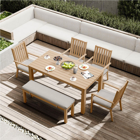 May in Color Aluminum 6 Pieces Patio Dining Sets, Outdoor Dining Table with 4 Chairs and Bench, Outdoor Patio Dining Furniture Set with Removable Cushion for Lawn, Garden, Backyard, Brown