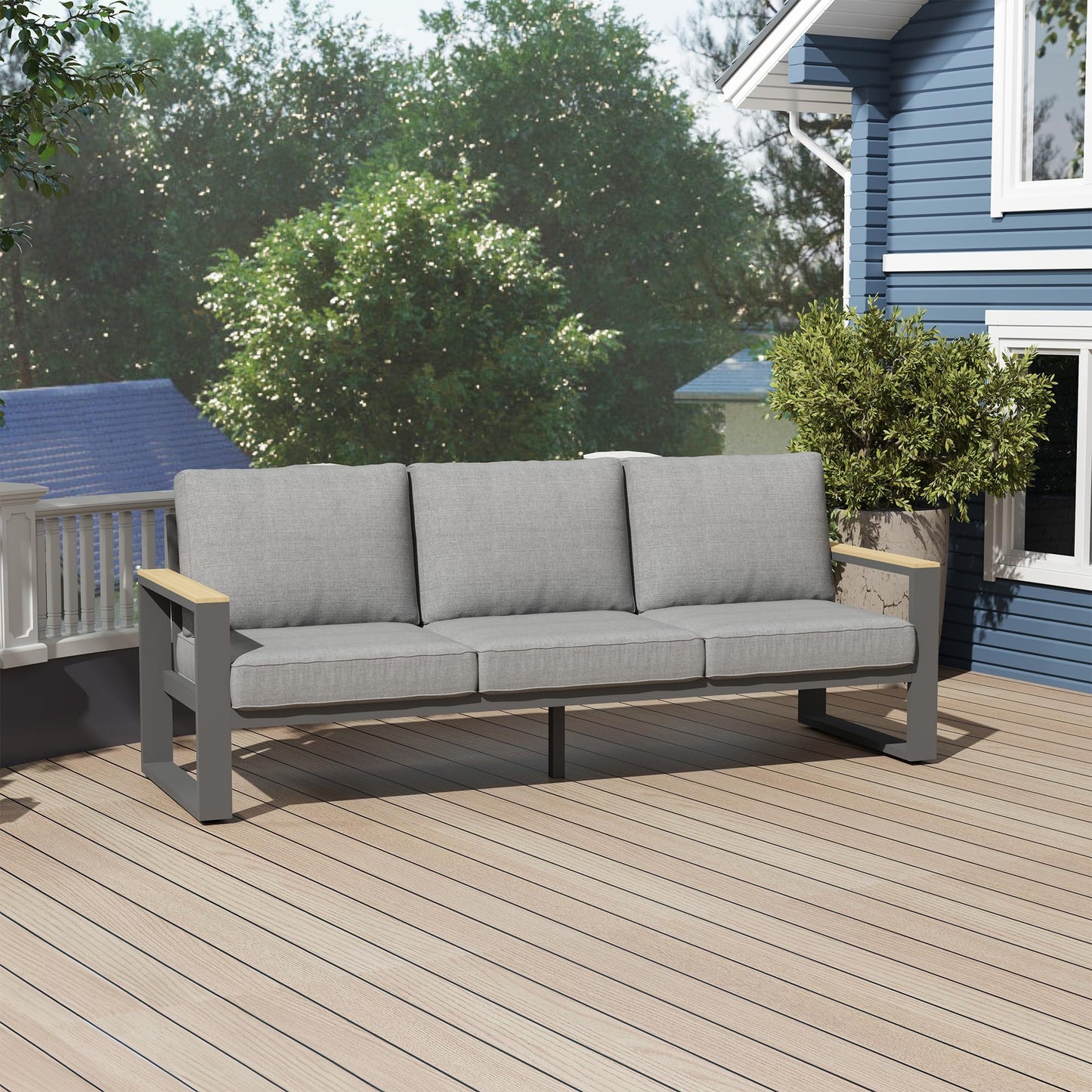 May in Color Aluminum Outdoor Couch, All-Weather Metal Patio 3-seat Sofa with Soft Thick Cushions, Patio Sofa Couch for Porch Backyard Garden, Grey