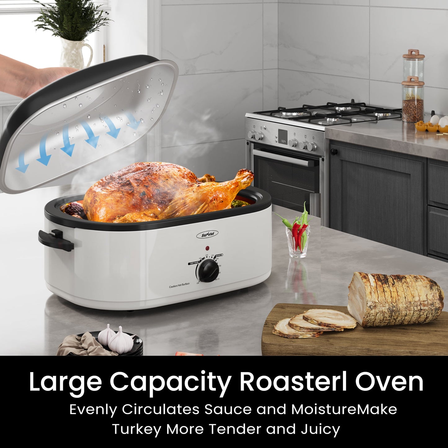 Sunvivi Roaster Oven with Self-Basting Lid, 20qt Electric Roaster with Removable Pan & Rack, Turkey Roaster Oven with Defrost & Warm Function, Stainless Steel, White