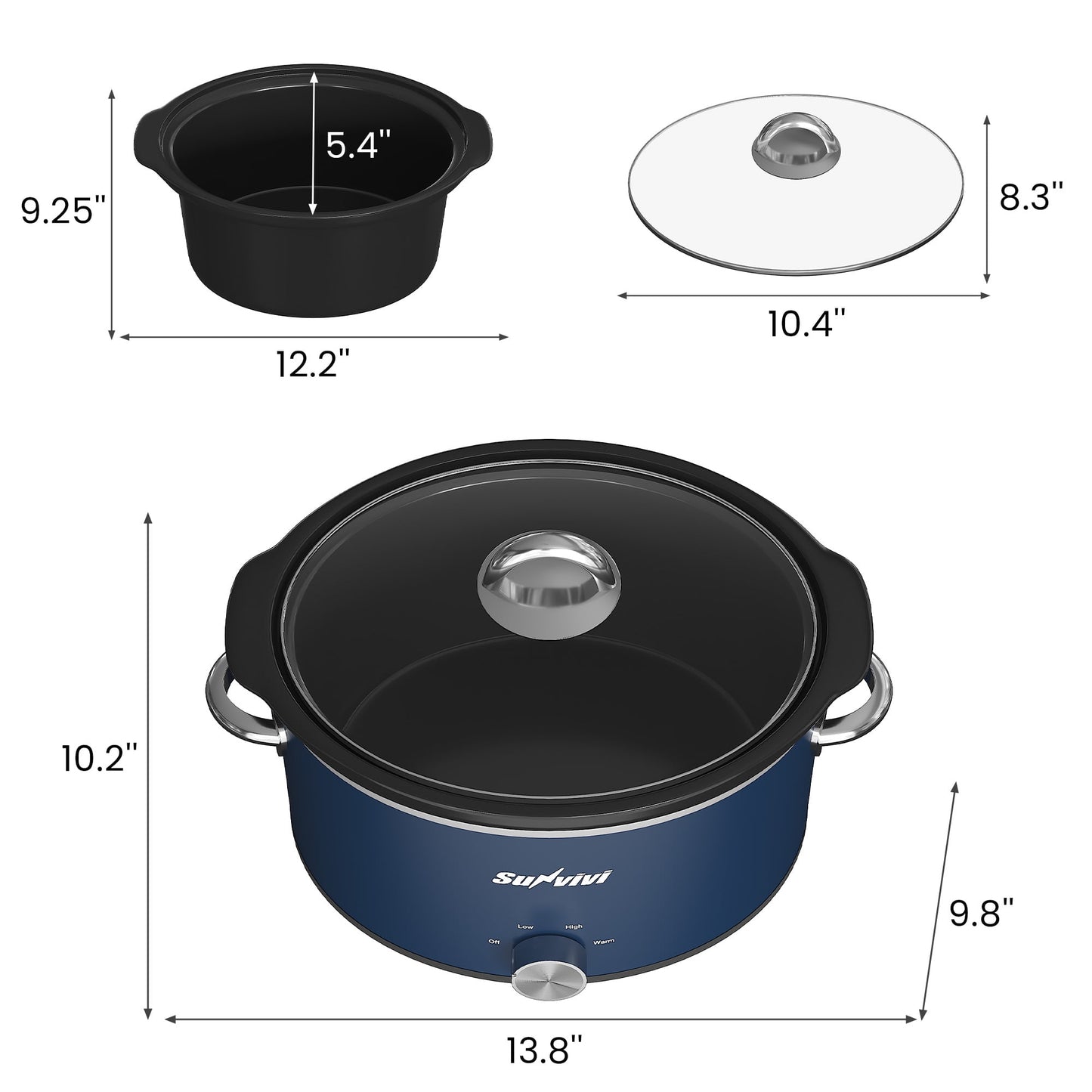 Heynemo 4QT Compact Ceramic Slow Cooker & Food Warmer with 3 Temperature Settings - Blue