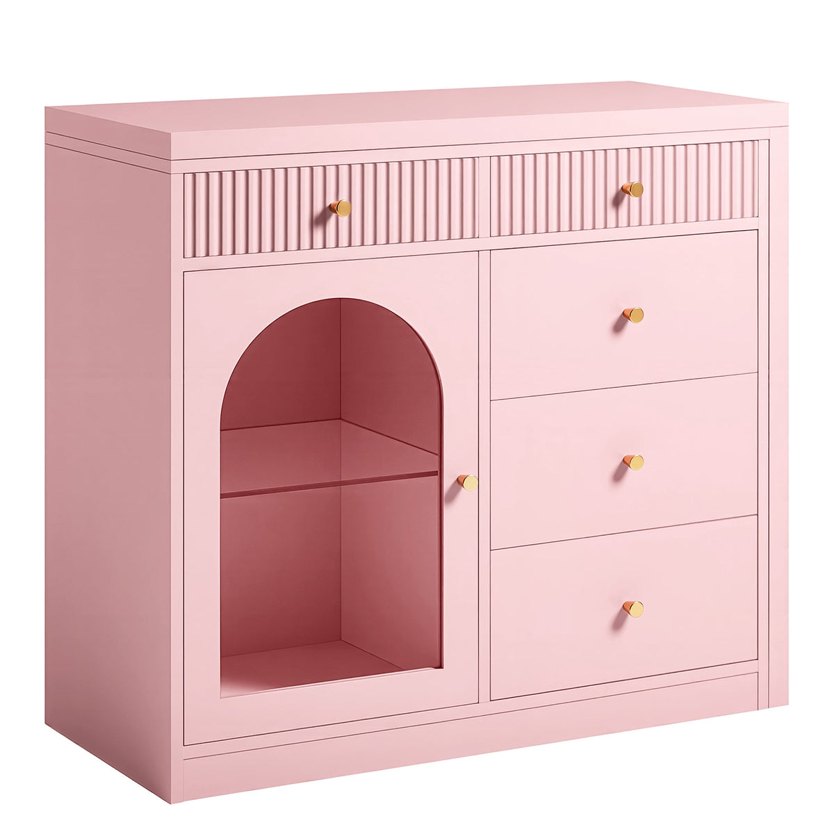May in Color Pink Extendable Vanity with LED Lights, Rotatable L?Shaped Makeup Vanity Desk, 5 Drawers & Arched Glass Cabinet, Multi?Purpose Desk for Working, Studying, Drawing, Sewing, Nail Care
