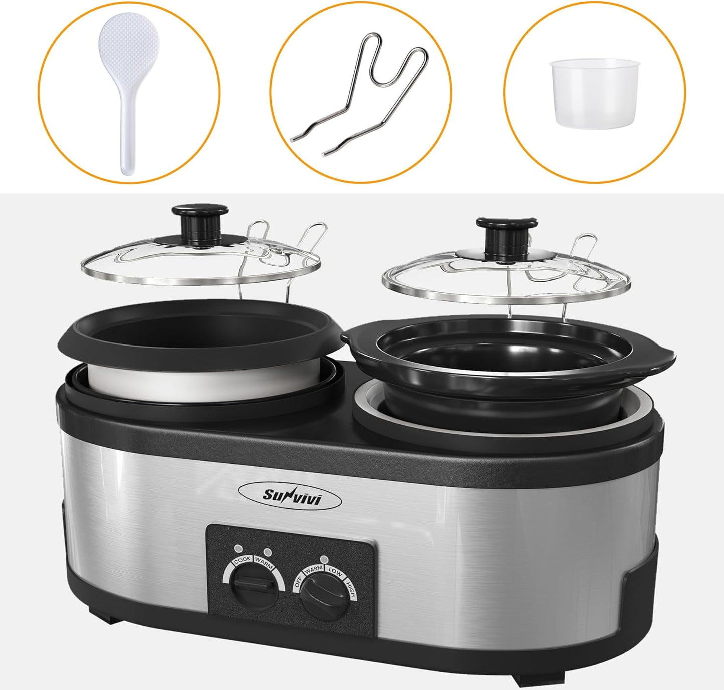 Sunvivi 2 in 1 Slow Cooker and Rice Cooker, Multi Slow Cooker with 1.5 QT Ceramic Pot & 3 Cup Rice Cooker , Non-Stick Aluminum Pot & Indicator Lights, Dual Control Knob, Stainless Steel