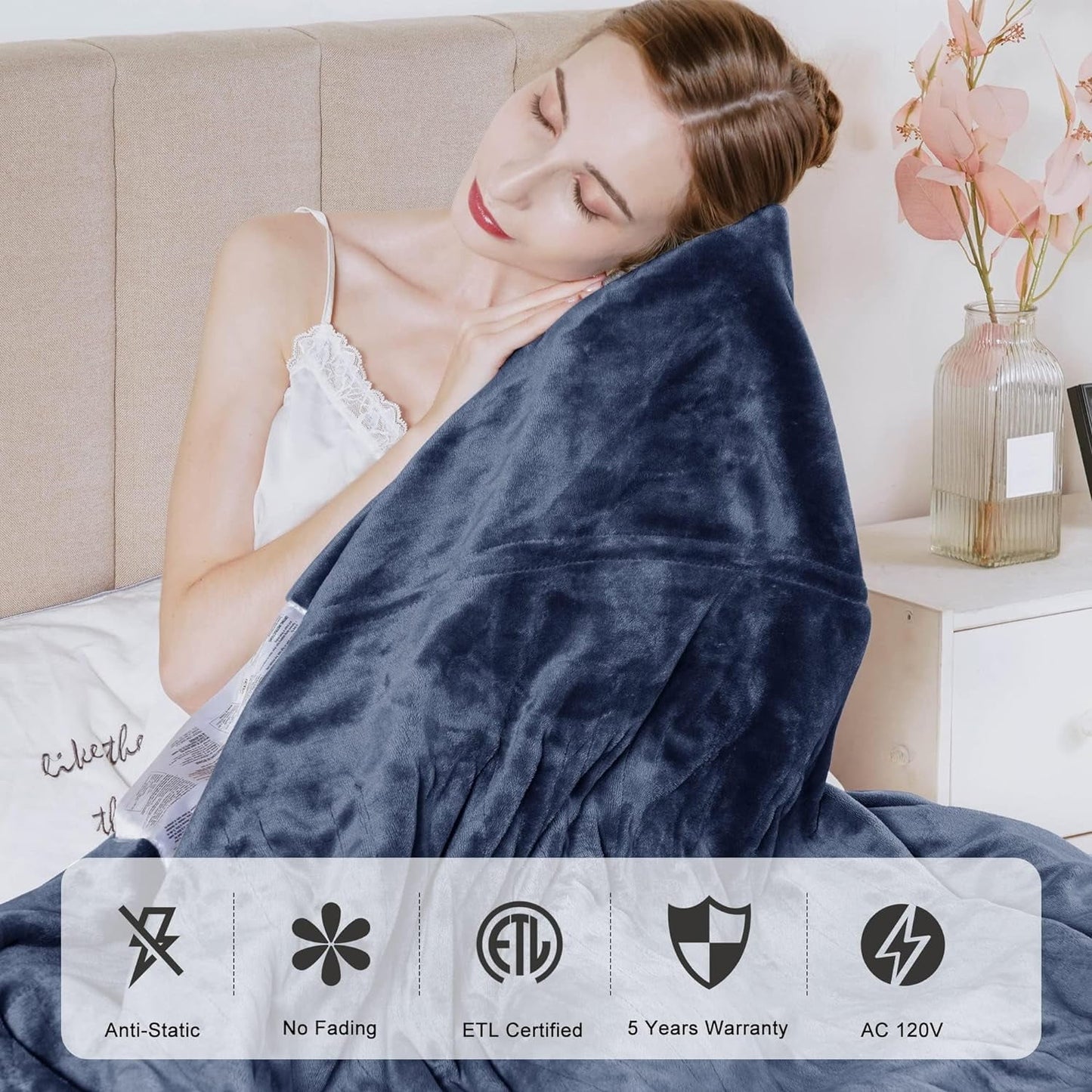 Royalcraft Electric Heated Blanket, 84" x 62" Twin Size Electric Blanket with 10 Heating Levels and 12 Hours Auto-Off, Soft Flannel Blanket with ETL Certification,Blue