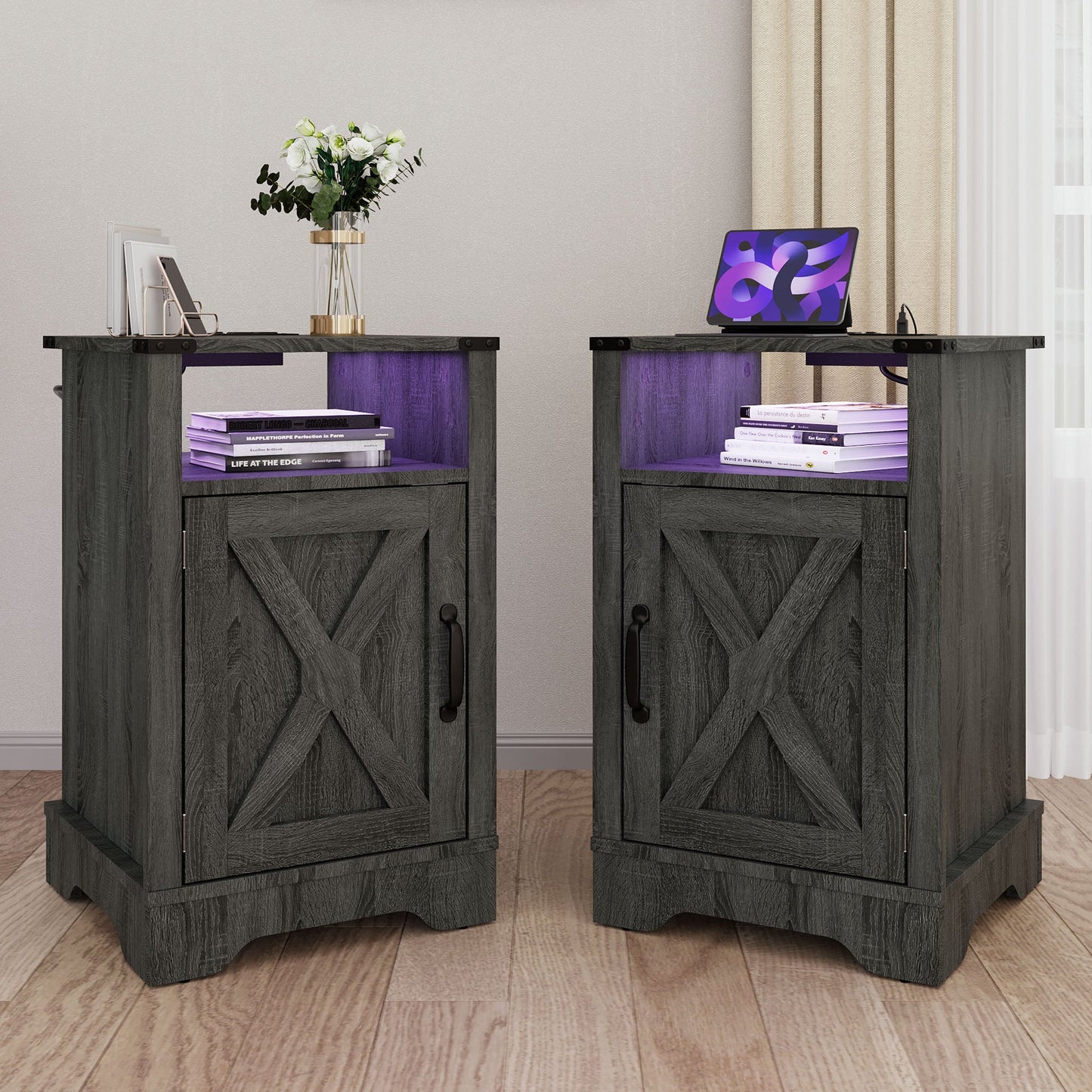 LED Nightstand Set of 2 with Charging Station, Farmhouse Wooden Side Table, Bedside Table with Storage Cabinet and Shelf, Rustic End Table for Bedroom, Living Room
