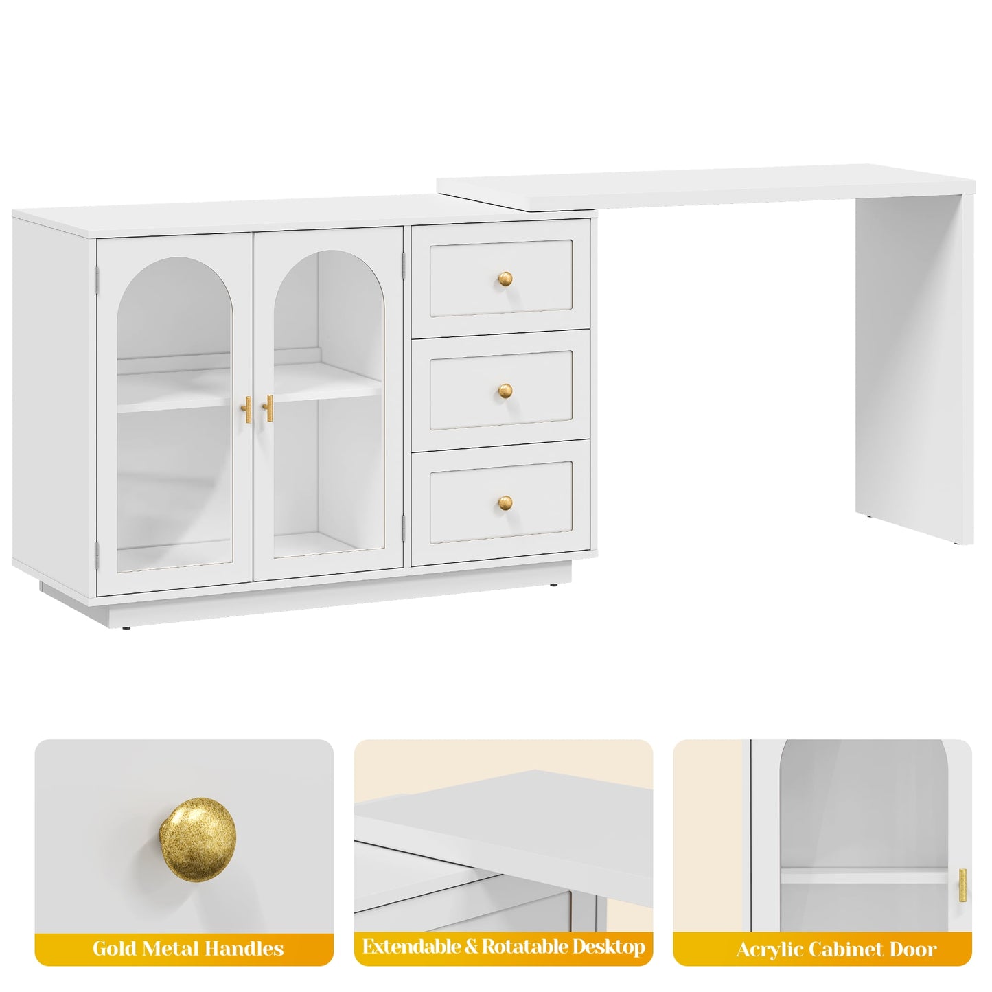 Heynemo Makeup Vanity Desk, Extendable Corner Vanity Makeup Table with 3 Drawers & 2 Door, Modern Dressing Table for Bedroom, Vanities for Women/Girls Bedroom (without Mirror)