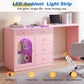 May in Color Pink Extendable Vanity with LED Lights, Rotatable L?Shaped Makeup Vanity Desk, 5 Drawers & Arched Glass Cabinet, Multi?Purpose Desk for Working, Studying, Drawing, Sewing, Nail Care