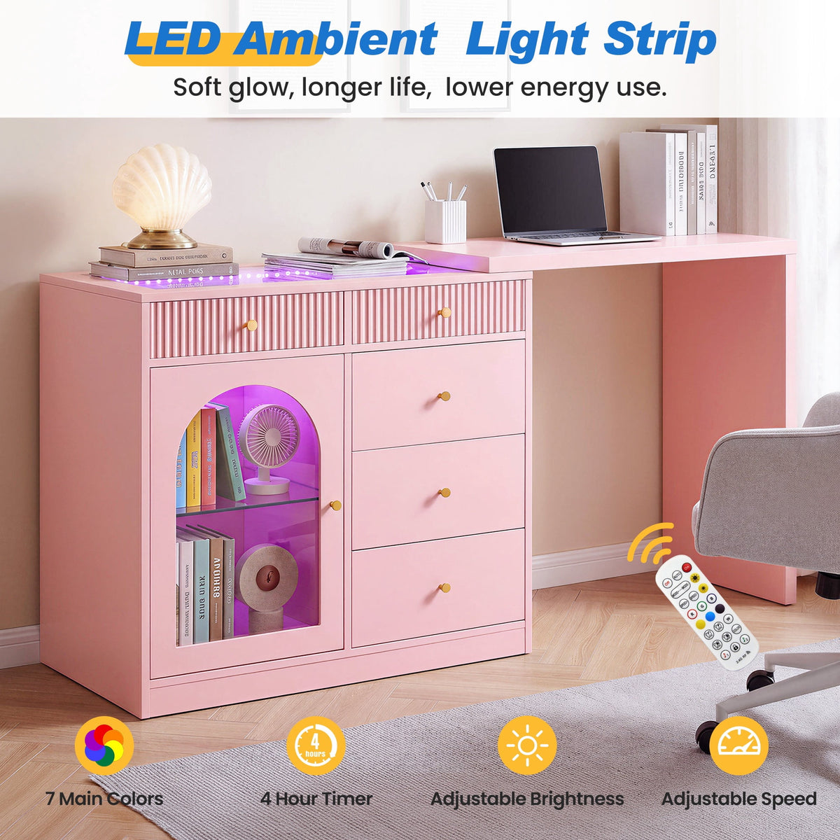 May in Color Pink Extendable Vanity with LED Lights, Rotatable L?Shaped Makeup Vanity Desk, 5 Drawers & Arched Glass Cabinet, Multi?Purpose Desk for Working, Studying, Drawing, Sewing, Nail Care