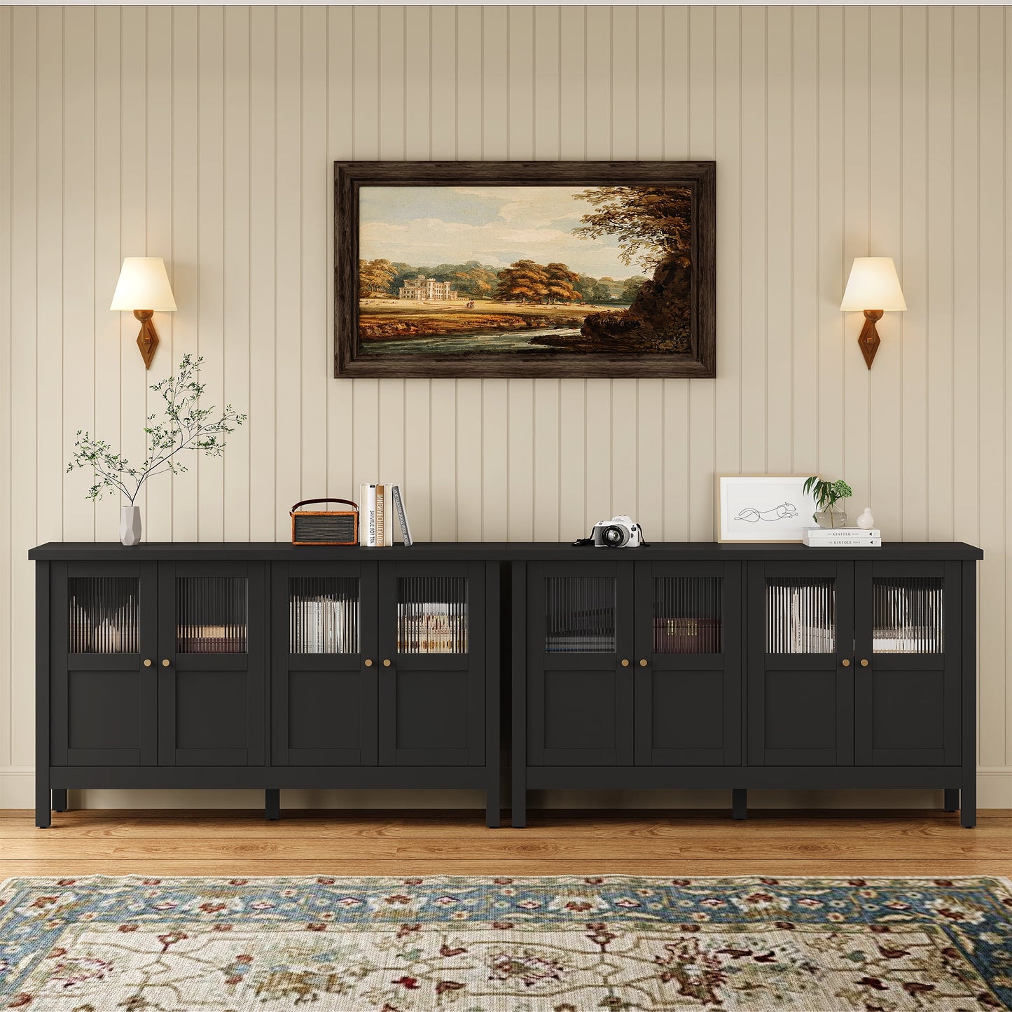 Heynemo Wood Sideboard Credenza with Storage, Buffet Cabinet with Adjustable Shelves, Accent Cabinet with Acrylic Accents for Living Room, Dining Room, Entryway